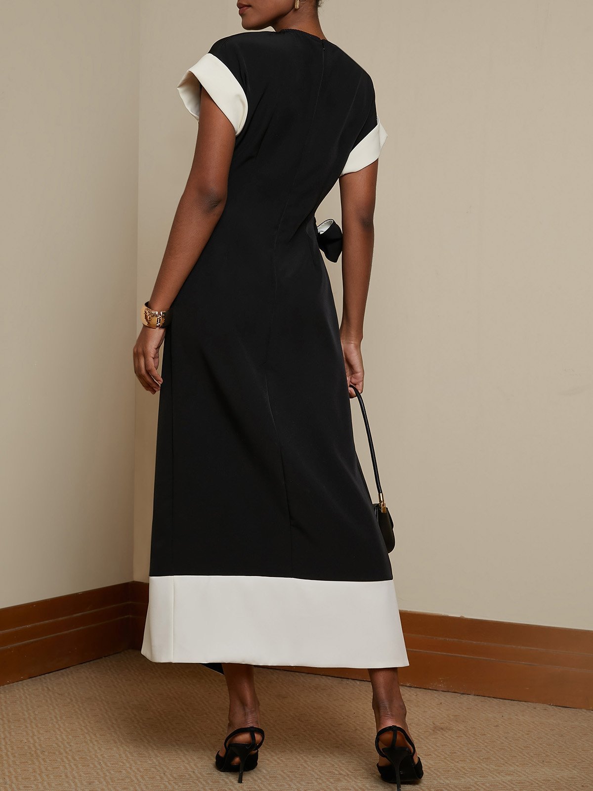 Black Bow Short Sleeve Slit A-Line Midi Dress