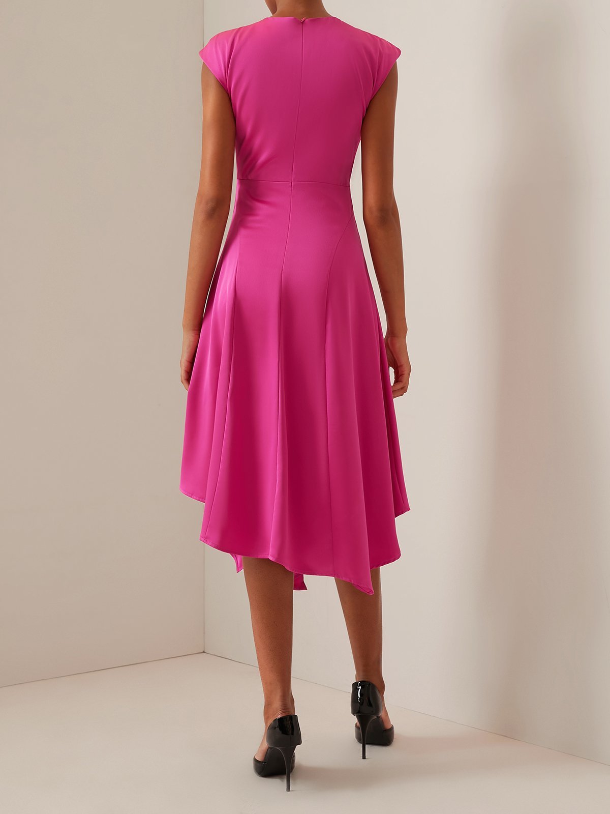 Rose Red Ruched Mock Neck Short Sleeve Midi Dress
