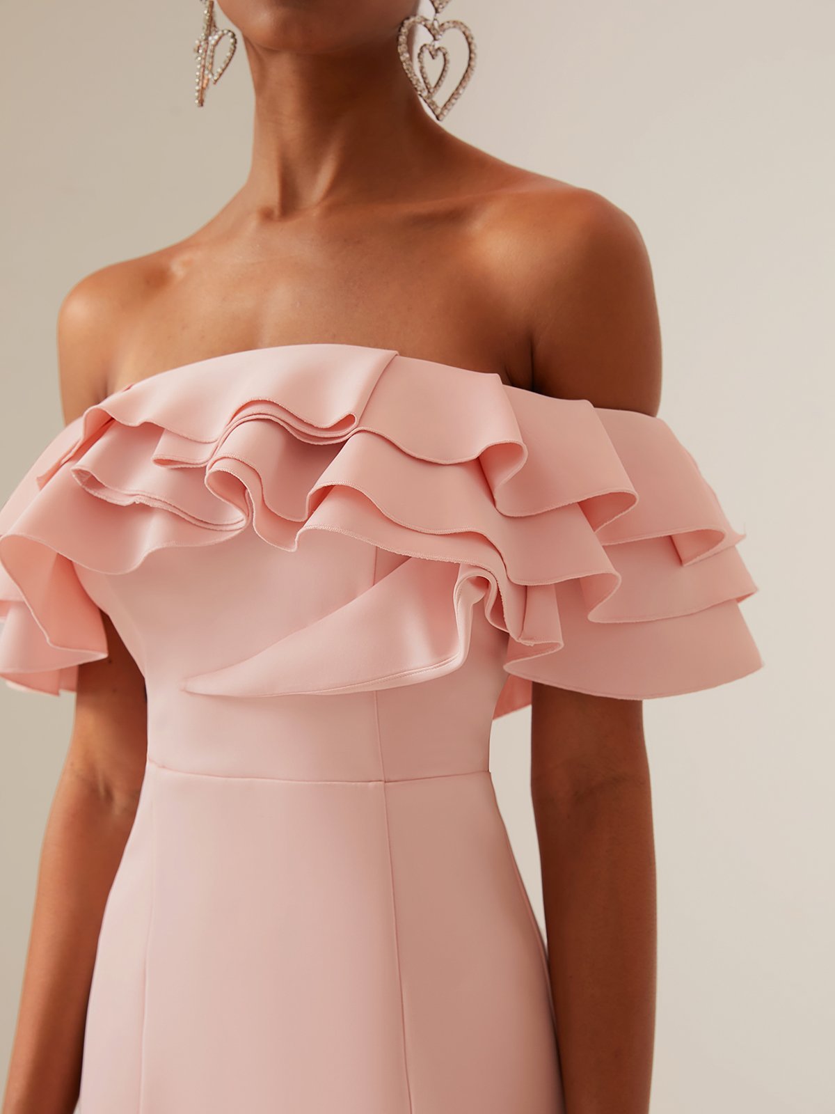 Pink Off The Shoulder Ruffled Sheath Midi Dress