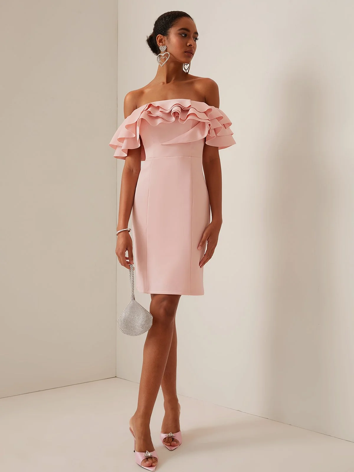 Pink Off The Shoulder Ruffled Sheath Midi Dress