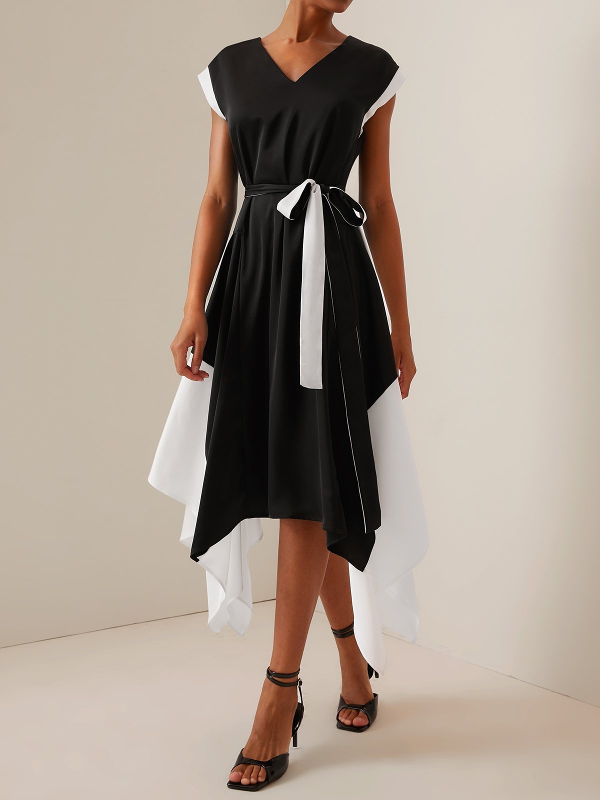 Black V Neck Short Sleeve Tie Waist A-line Midi Dress