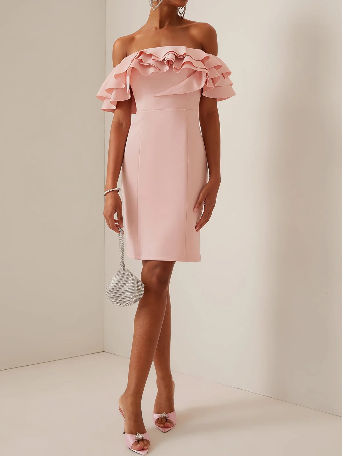 Pink Off The Shoulder Ruffled Sheath Midi Dress