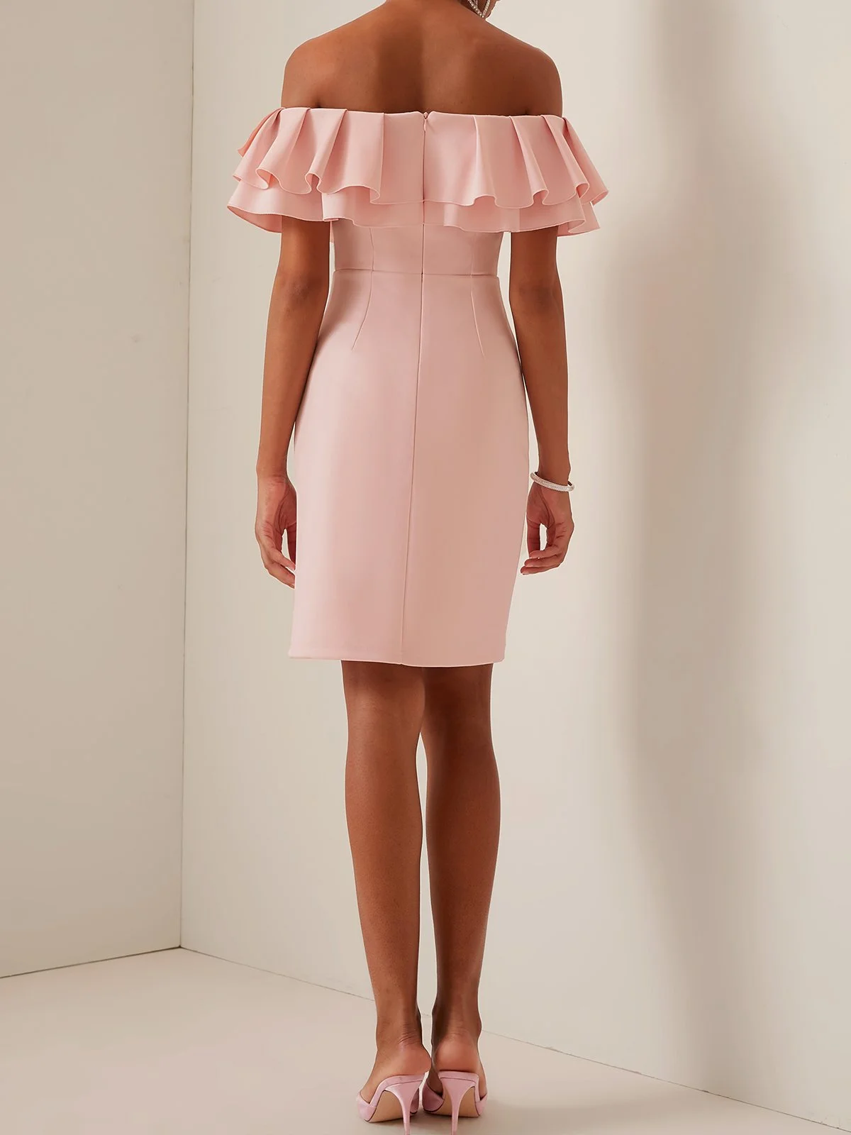 Pink Off The Shoulder Ruffled Sheath Midi Dress
