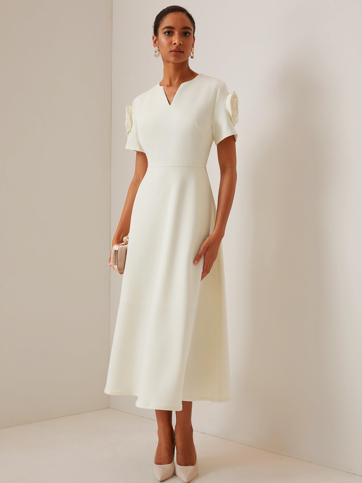 Off-White 3D Floral Short Sleeve  V Neck A-Line Maxi Dress 