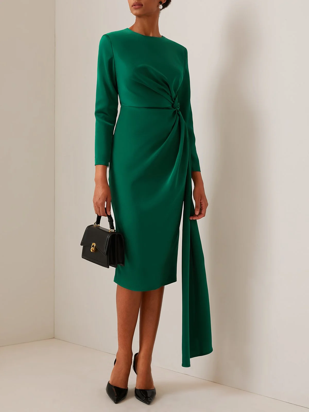 Green Satin Long Sleeve Sheath Midi Dress