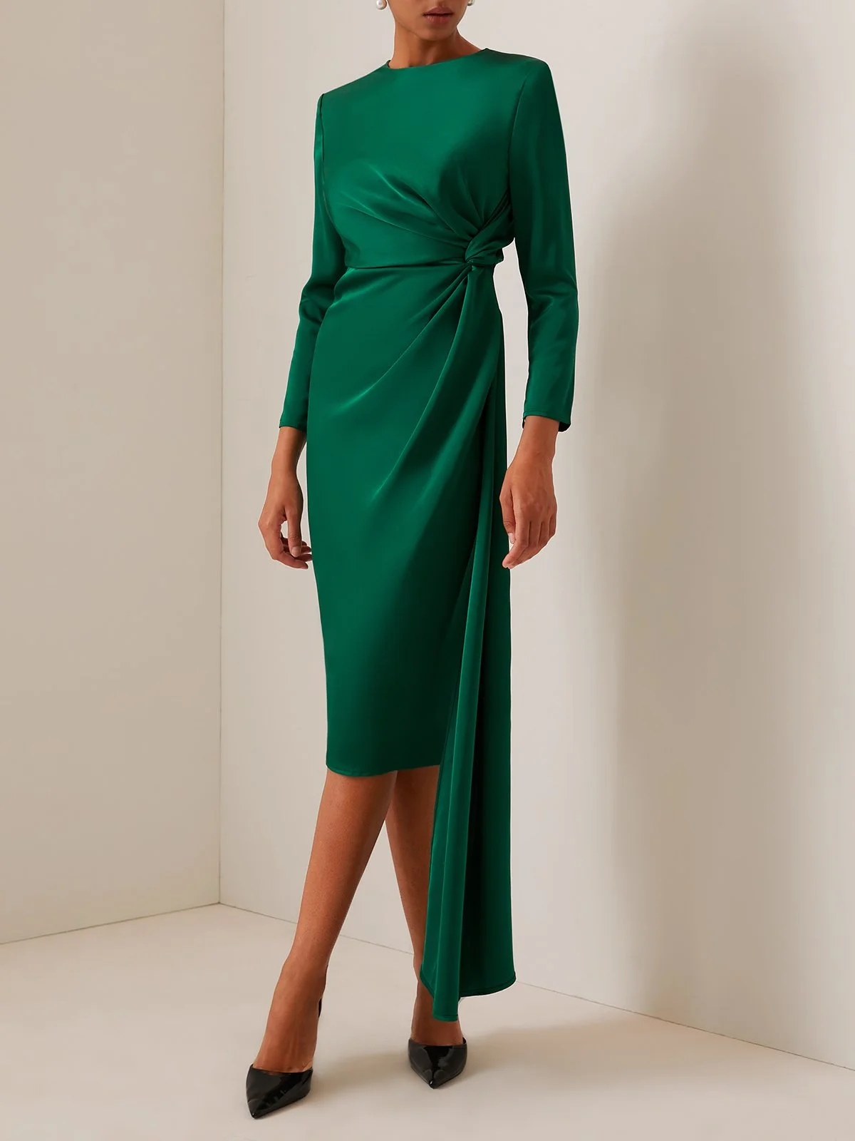 Green Satin Long Sleeve Sheath Midi Dress