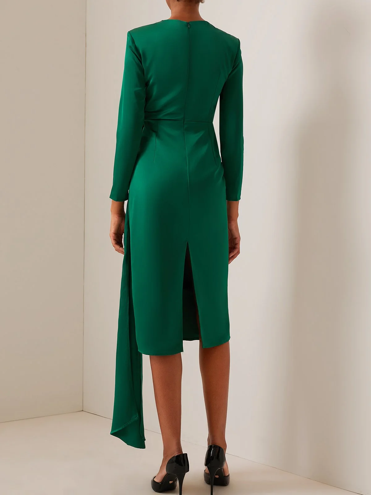 Green Satin Long Sleeve Sheath Midi Dress