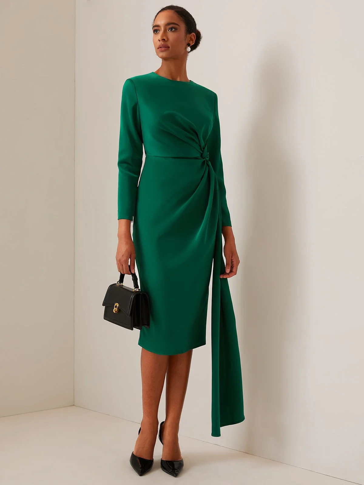 Green Satin Long Sleeve Sheath Midi Dress