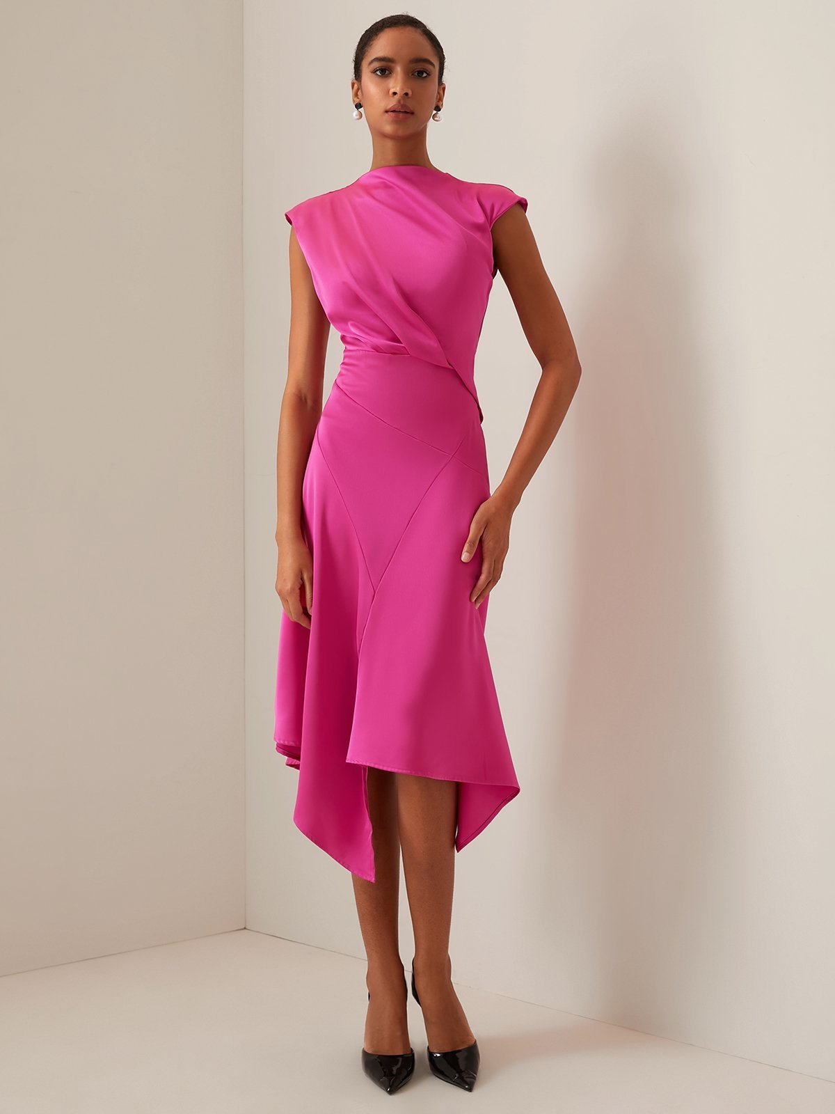 Rose Red Ruched Mock Neck Short Sleeve Midi Dress
