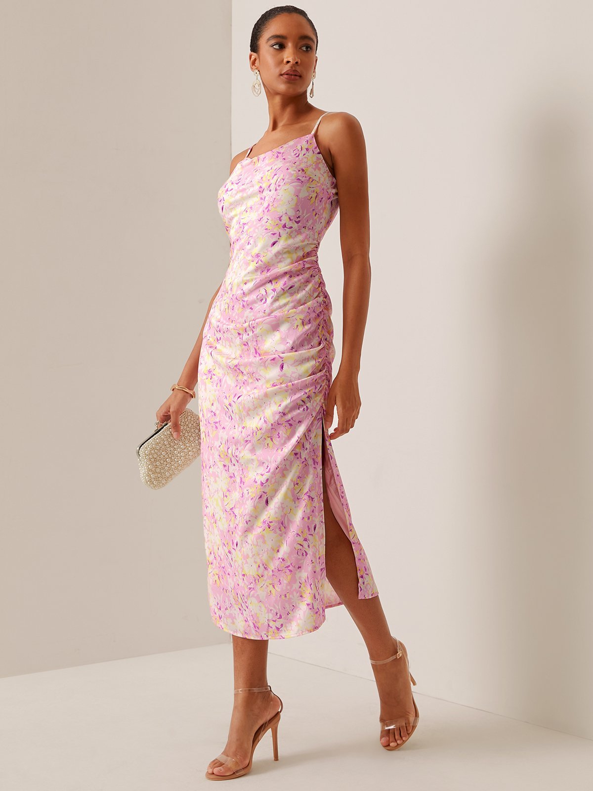 Pink Floral Spaghetti Slit Sheath Midi Dress