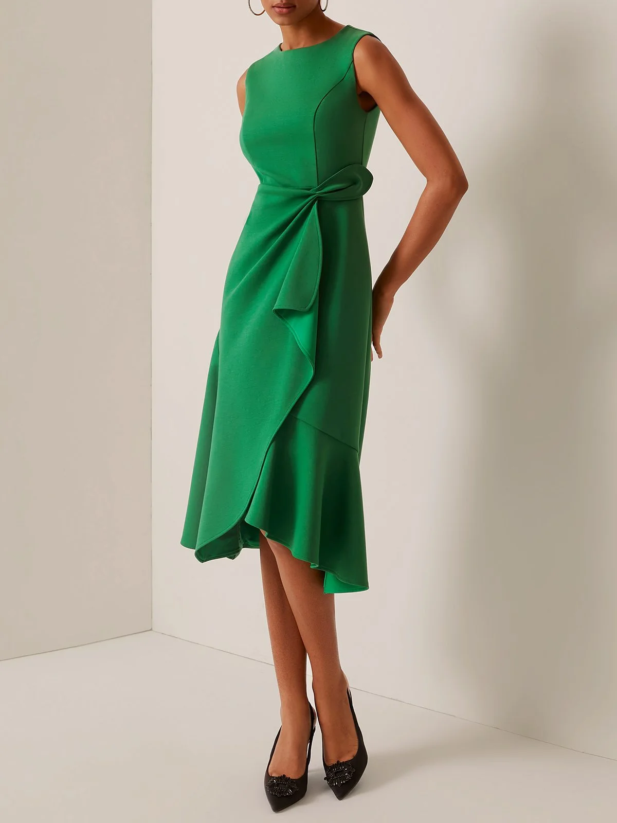Green Commuting Sleeveless Boat Neck Plain A-line Midi Dress