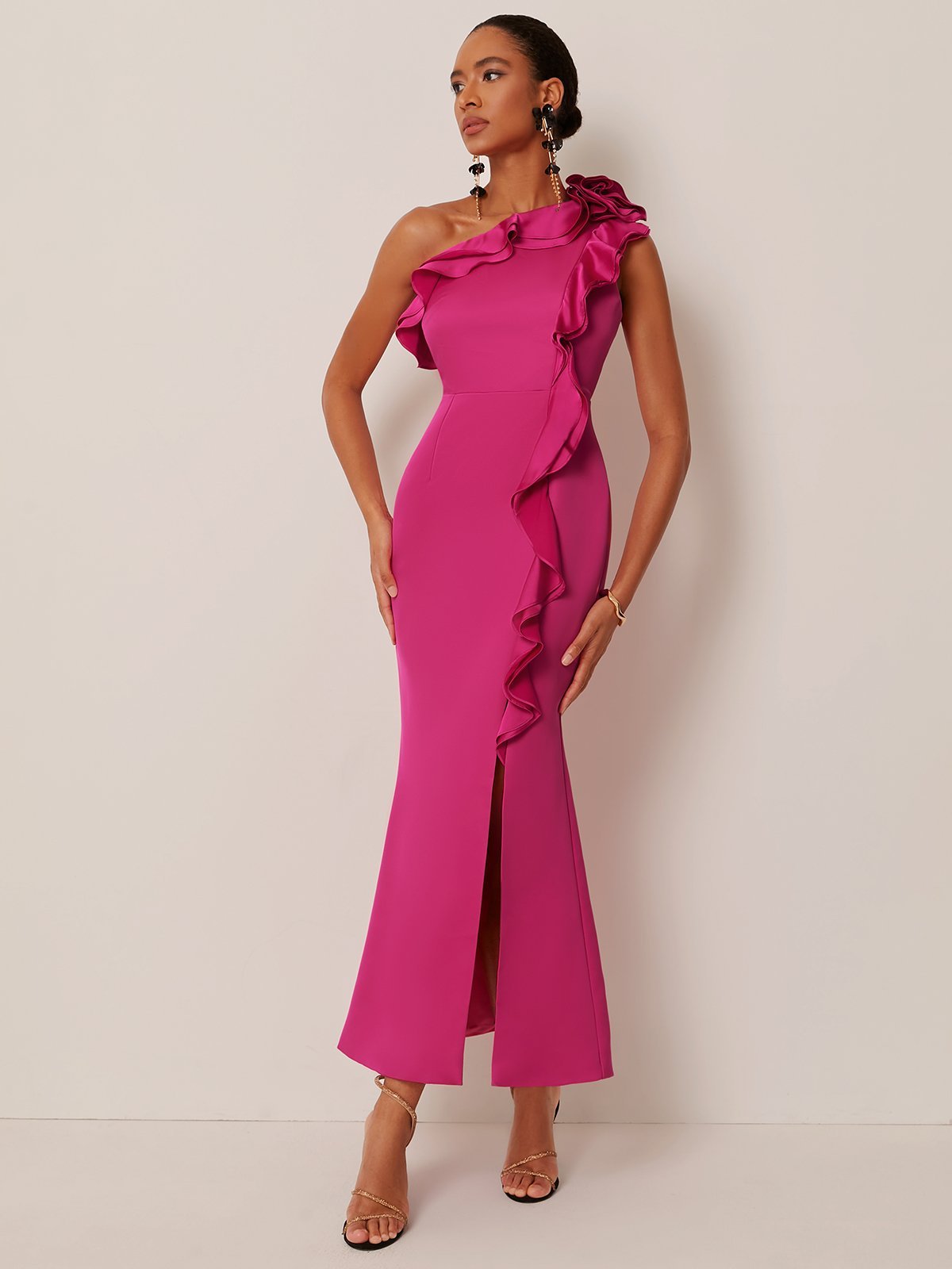 Rose Red Ruffled One-Shoulder Slit A-Line Maxi Dress