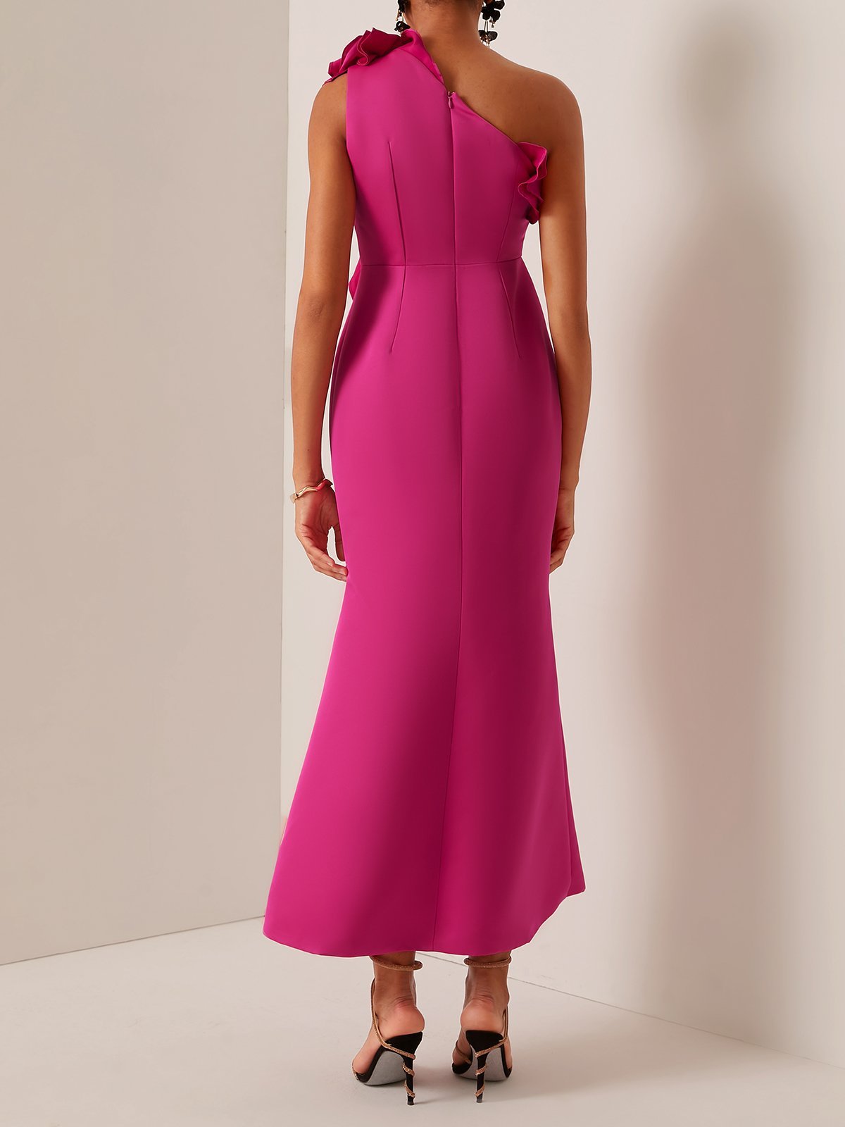 Rose Red Ruffled One-Shoulder Slit A-Line Maxi Dress