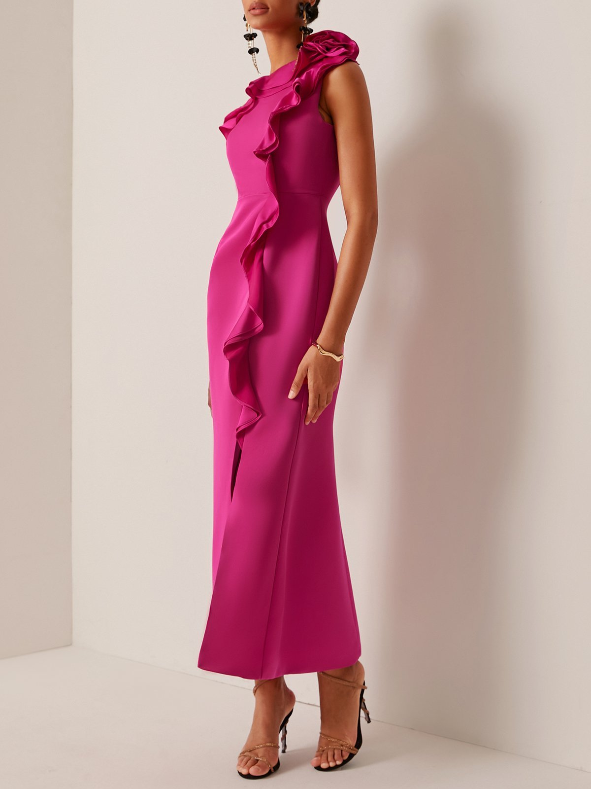 Rose Red Ruffled One-Shoulder Slit A-Line Maxi Dress