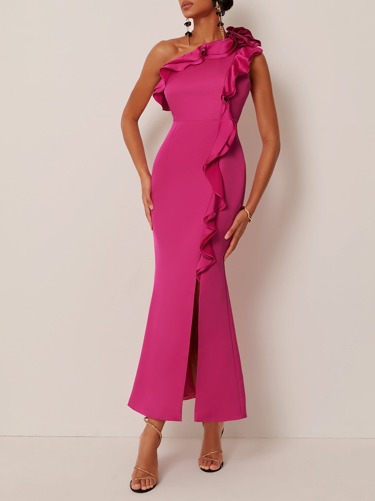 Rose Red Ruffled One-Shoulder Slit A-Line Maxi Dress