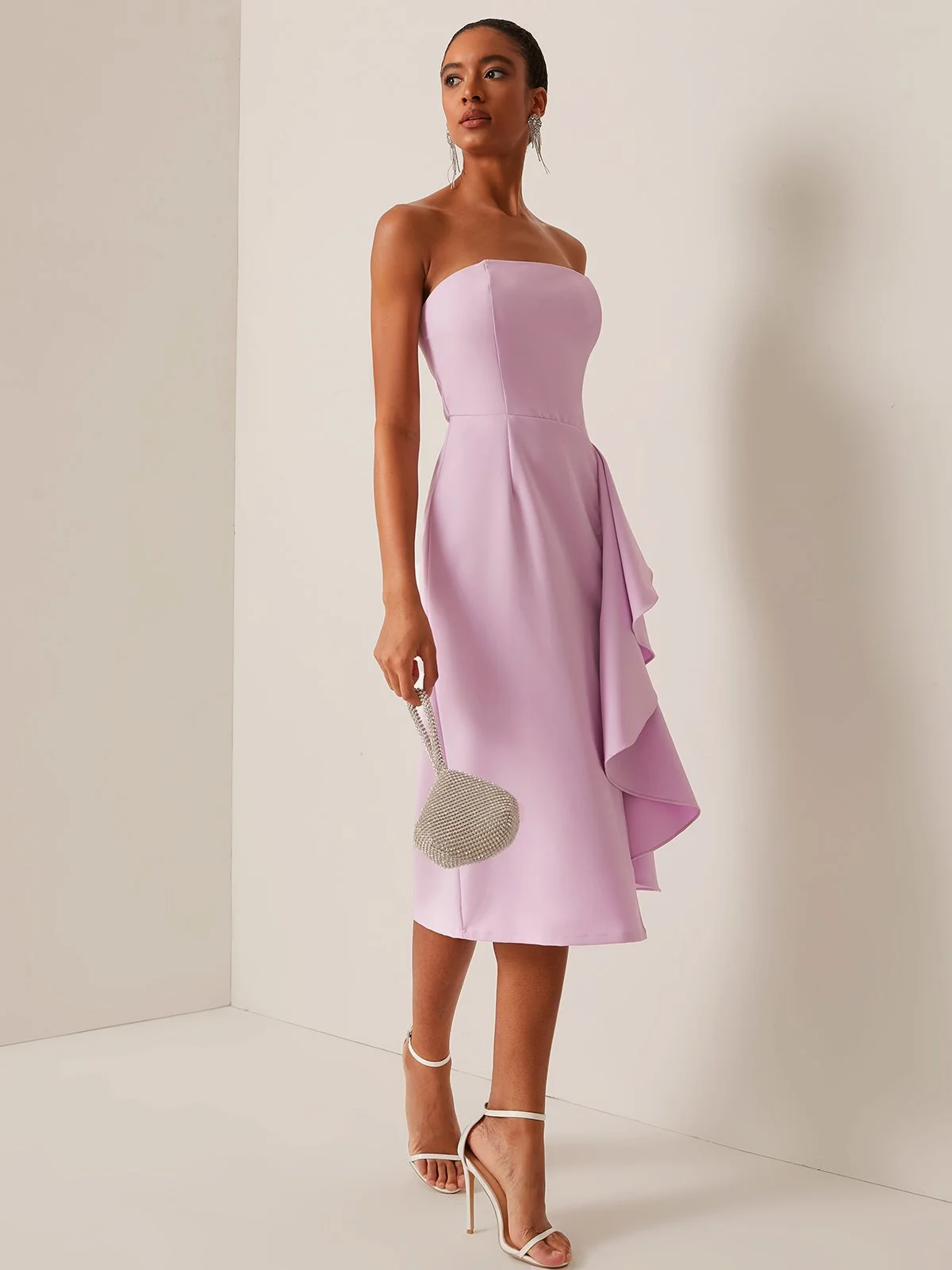 Pink Off The Shoulder Ruffled Sheath Midi Dress 