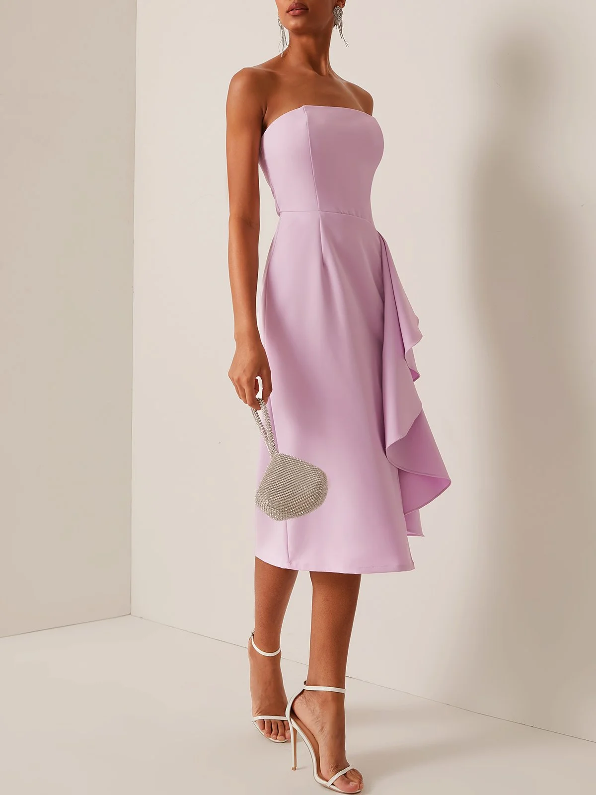 Pink Off The Shoulder Ruffled Sheath Midi Dress 