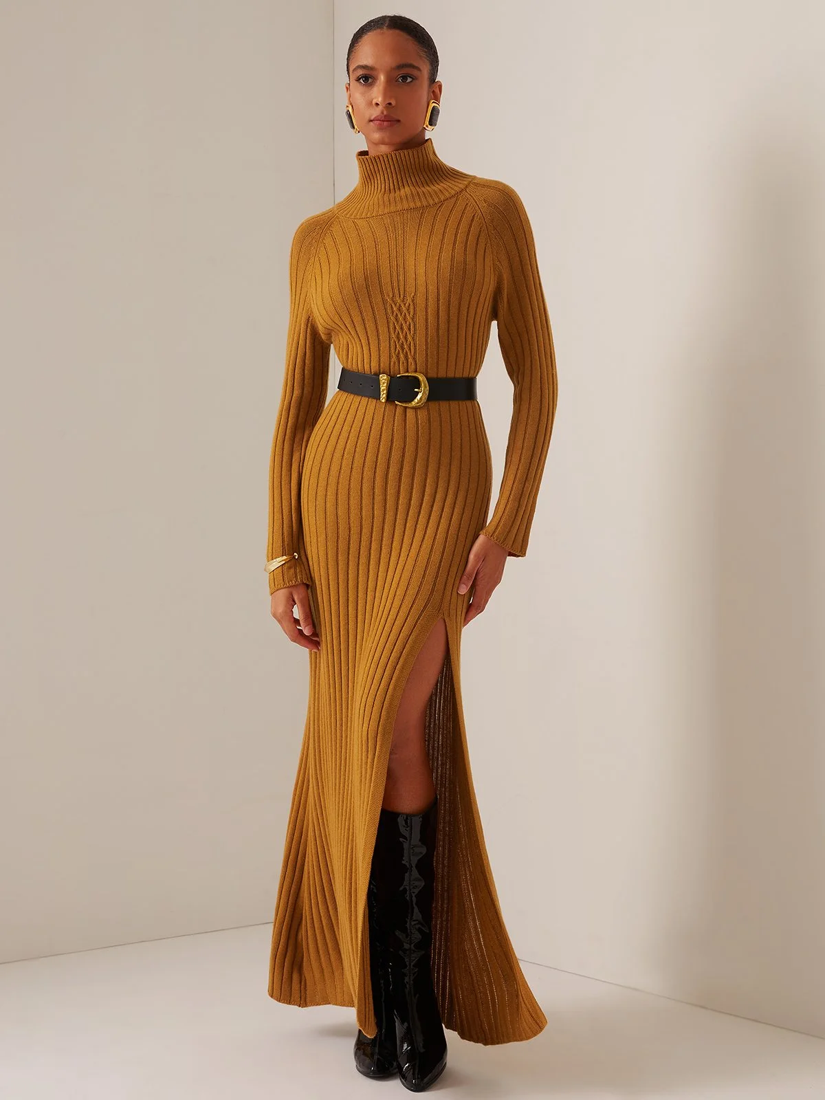 Brown High Neck A-Line Slit Maxi Wool Sweater Dress 