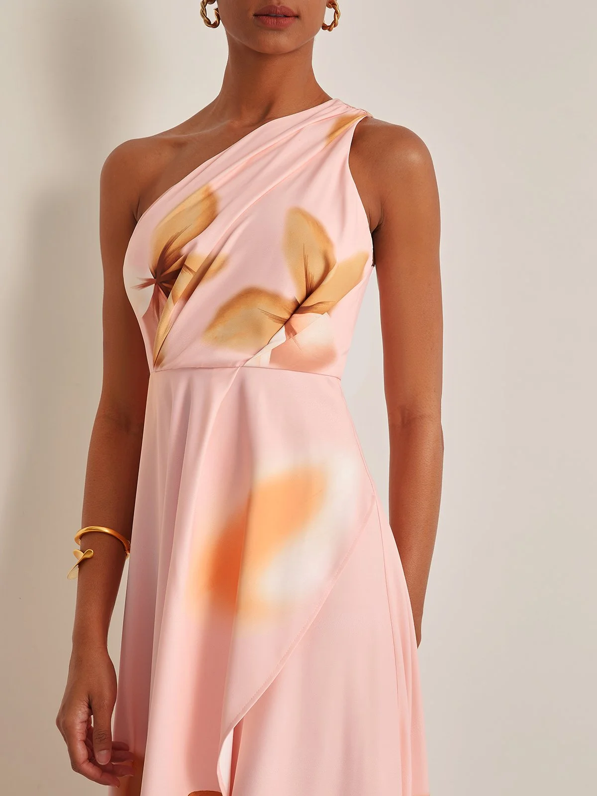 Orange Pink Floral One-Shoulder Slit A-Line Gown