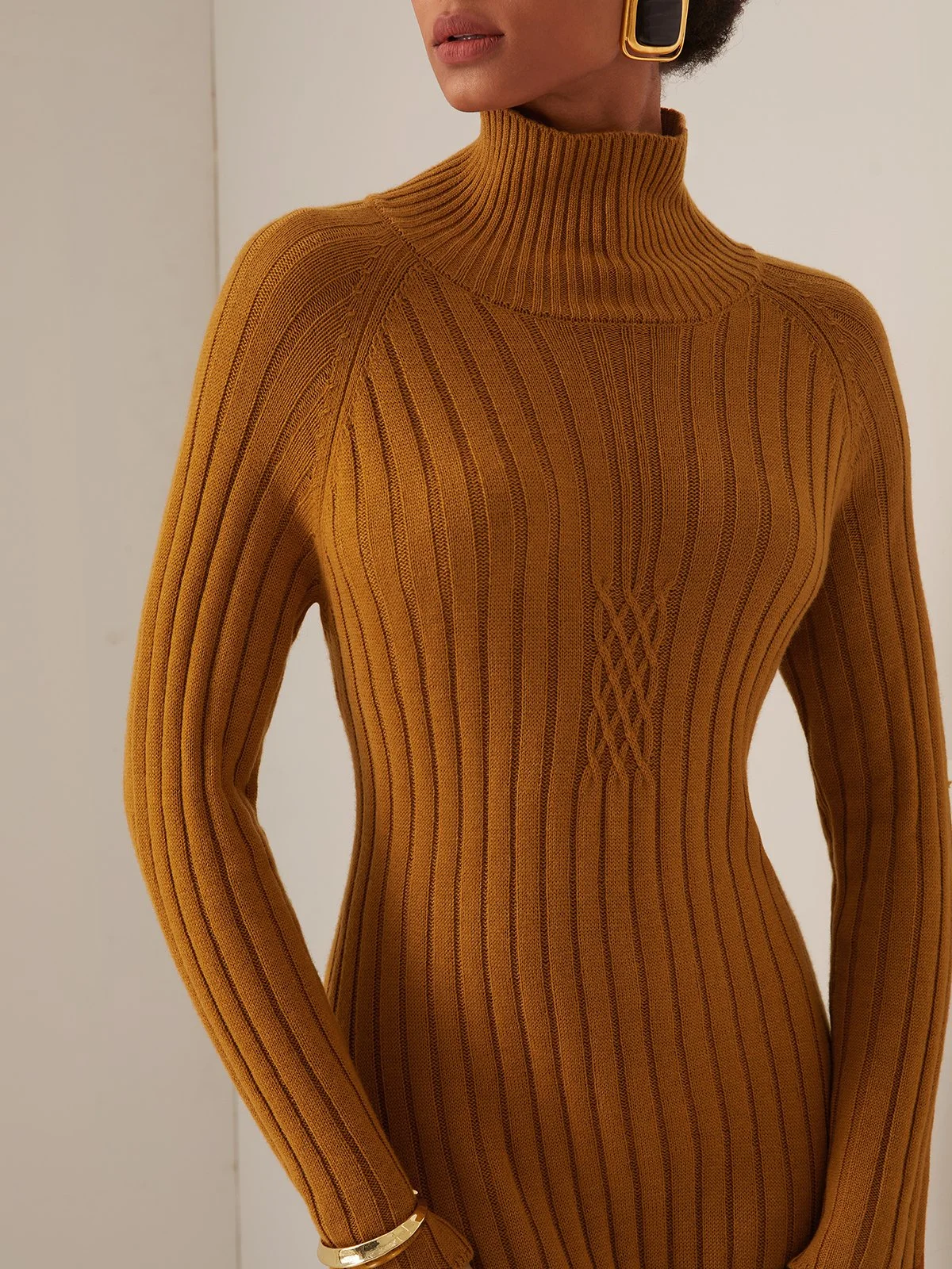 Brown High Neck A-Line Slit Maxi Wool Sweater Dress 
