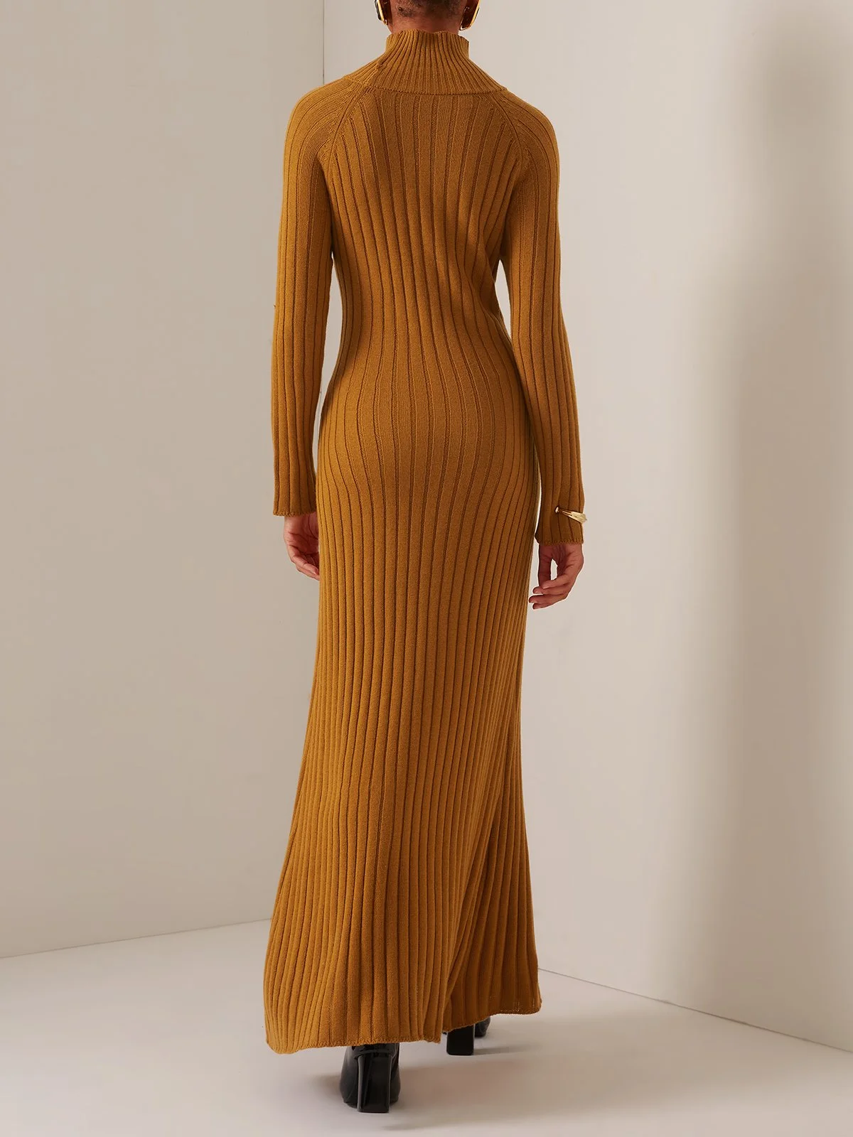 Brown High Neck A-Line Slit Maxi Wool Sweater Dress 