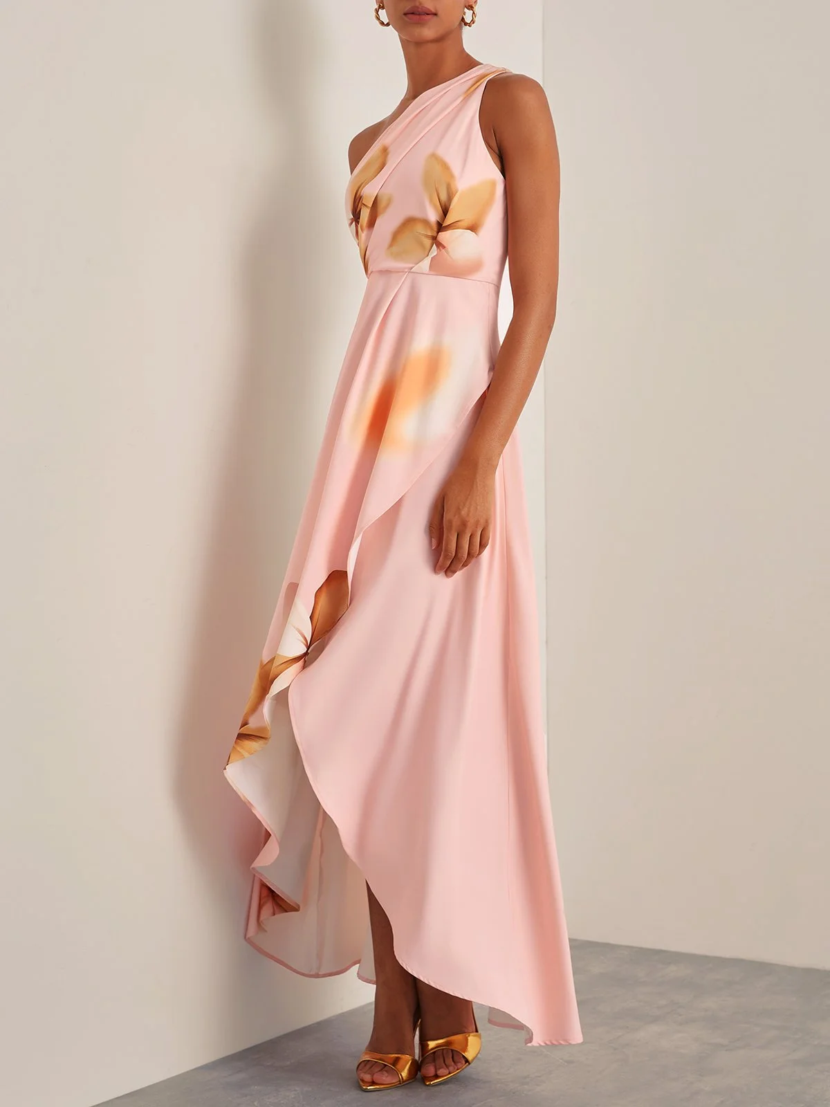 Orange Pink Floral One-Shoulder Slit A-Line Gown