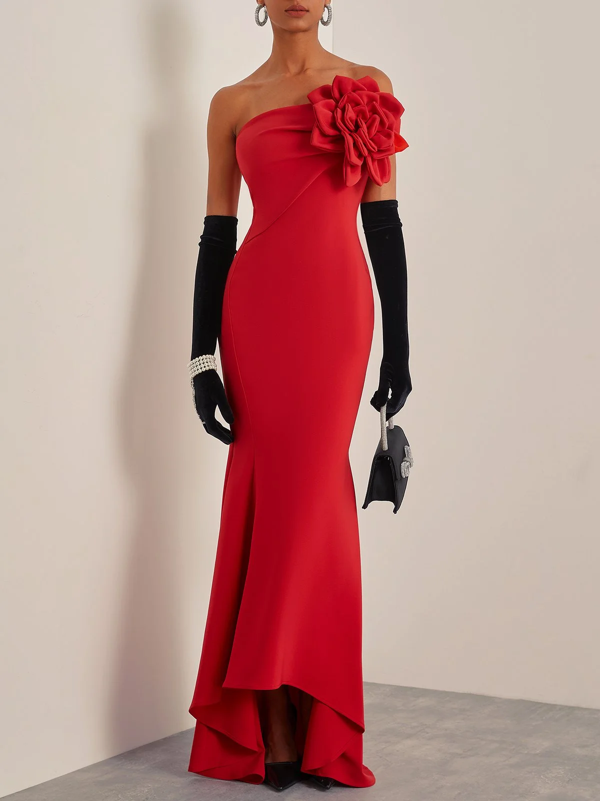 Red 3D Floral Strapless Mermaid Gown