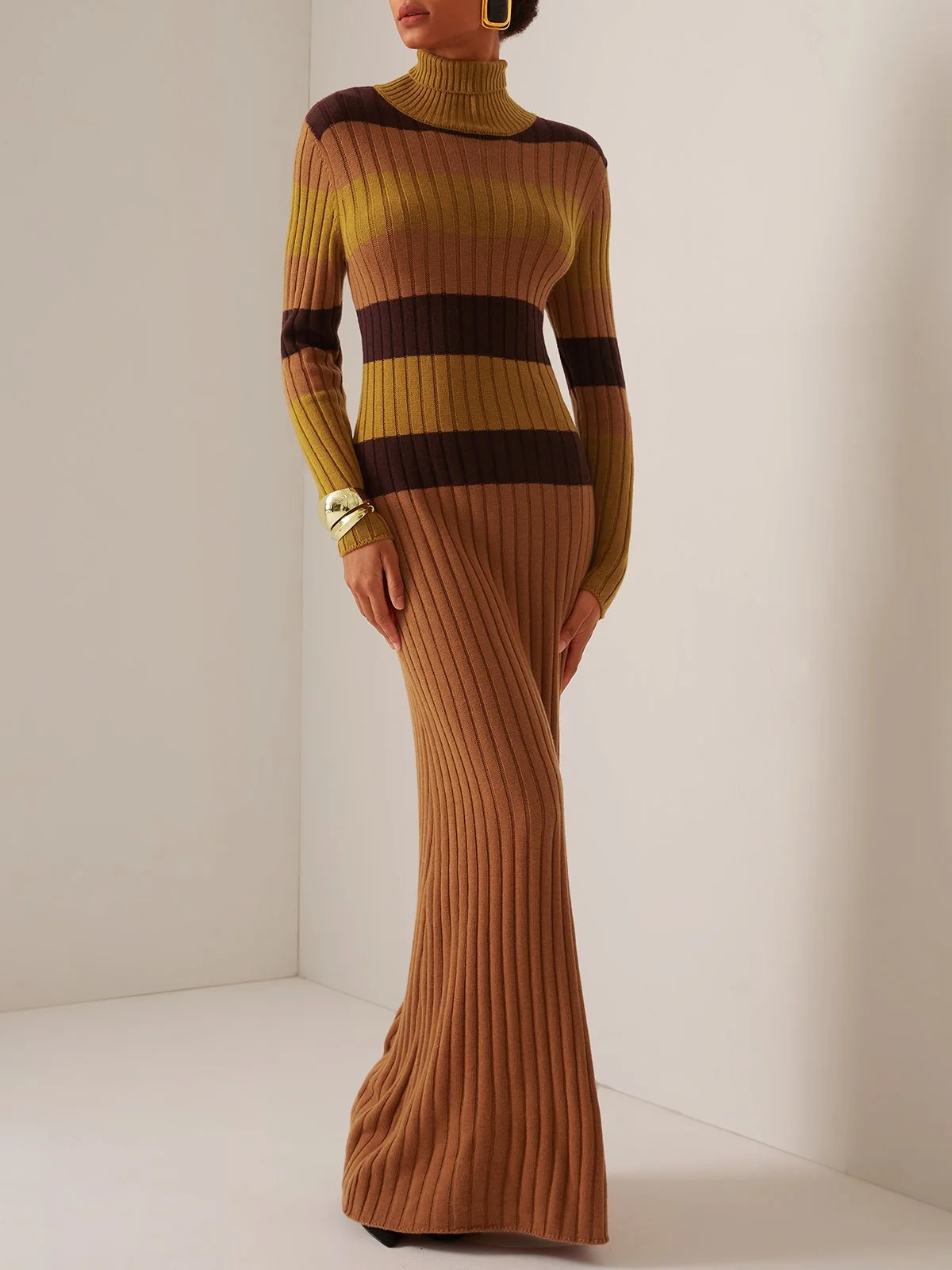Wool Brown Color Block High neck Long Sleeve A-Line Maxi Sweater Dress