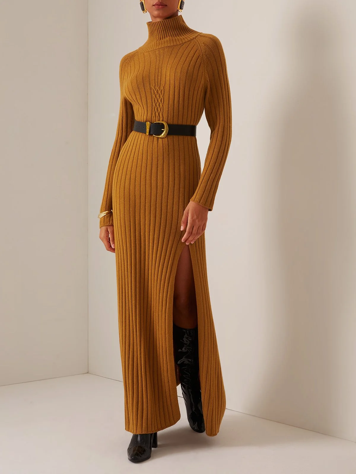 Brown High Neck A-Line Slit Maxi Wool Sweater Dress 