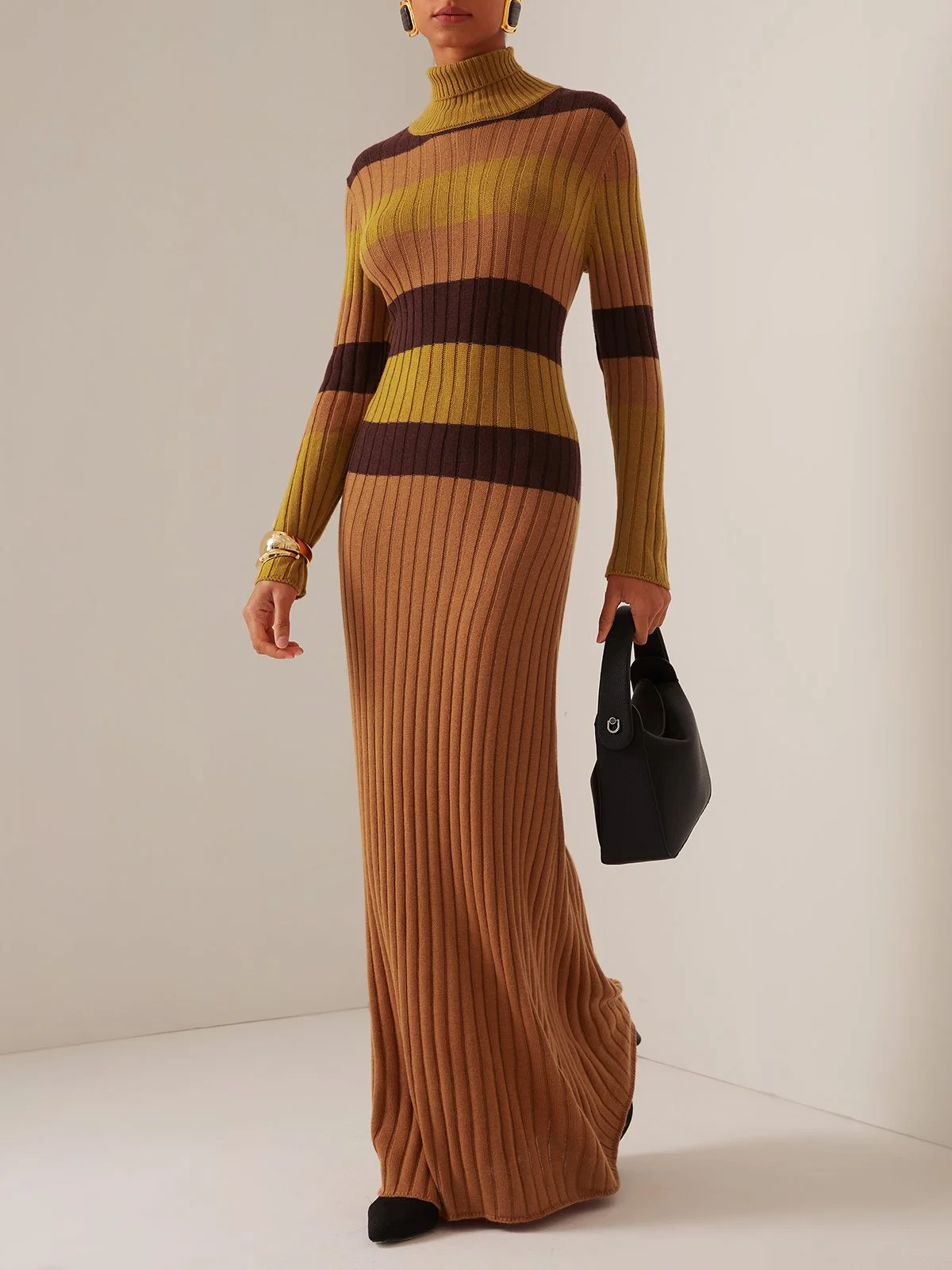 Wool Brown Color Block High neck Long Sleeve A-Line Maxi Sweater Dress