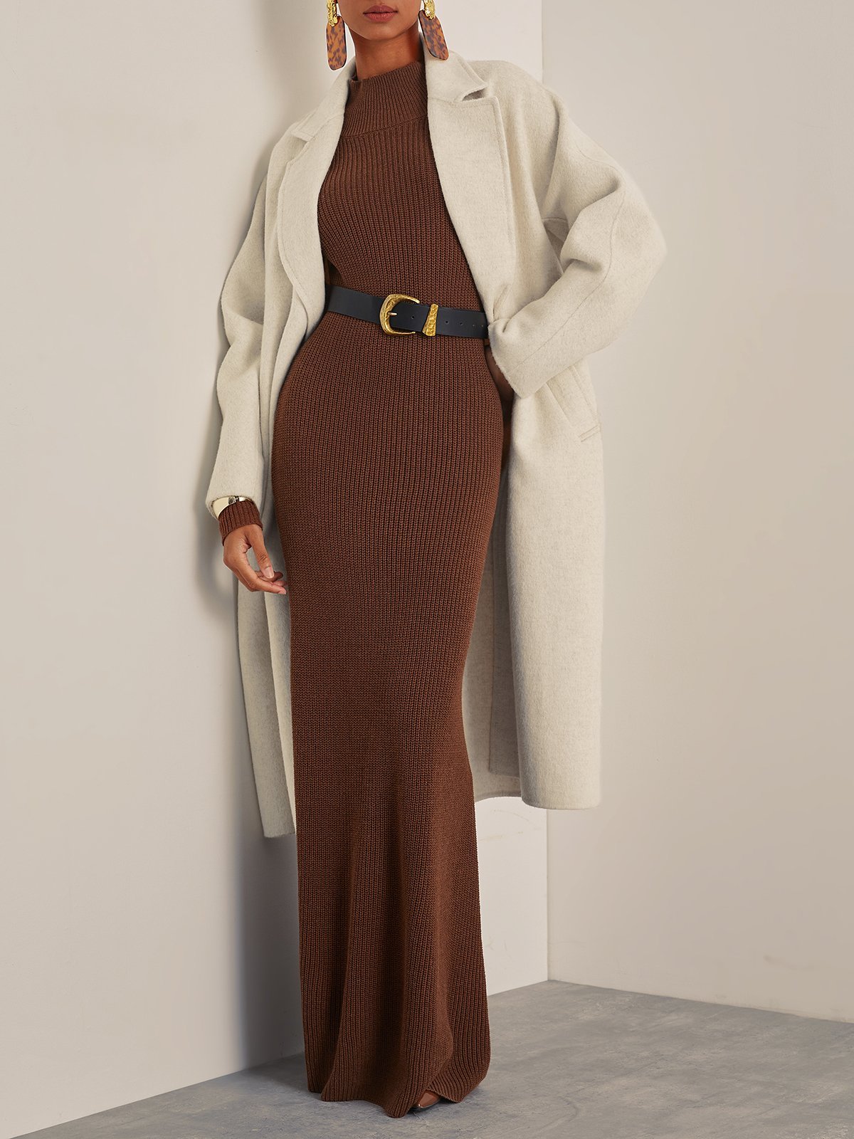 Wool Brown  Long Sleeve A-Line Maxi Sweater Dress