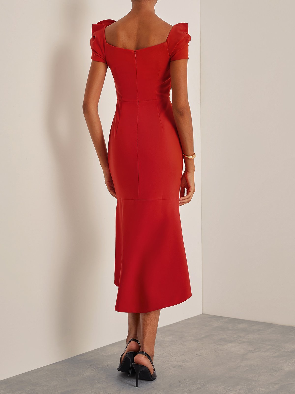 Red 3D Floral Off The Shoulder Mermaid Midi Dress