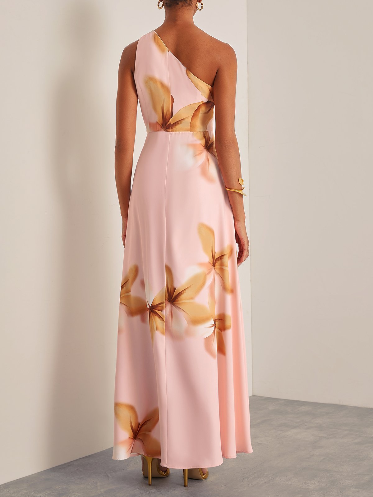 Orange Pink Floral One-Shoulder Slit A-Line Gown