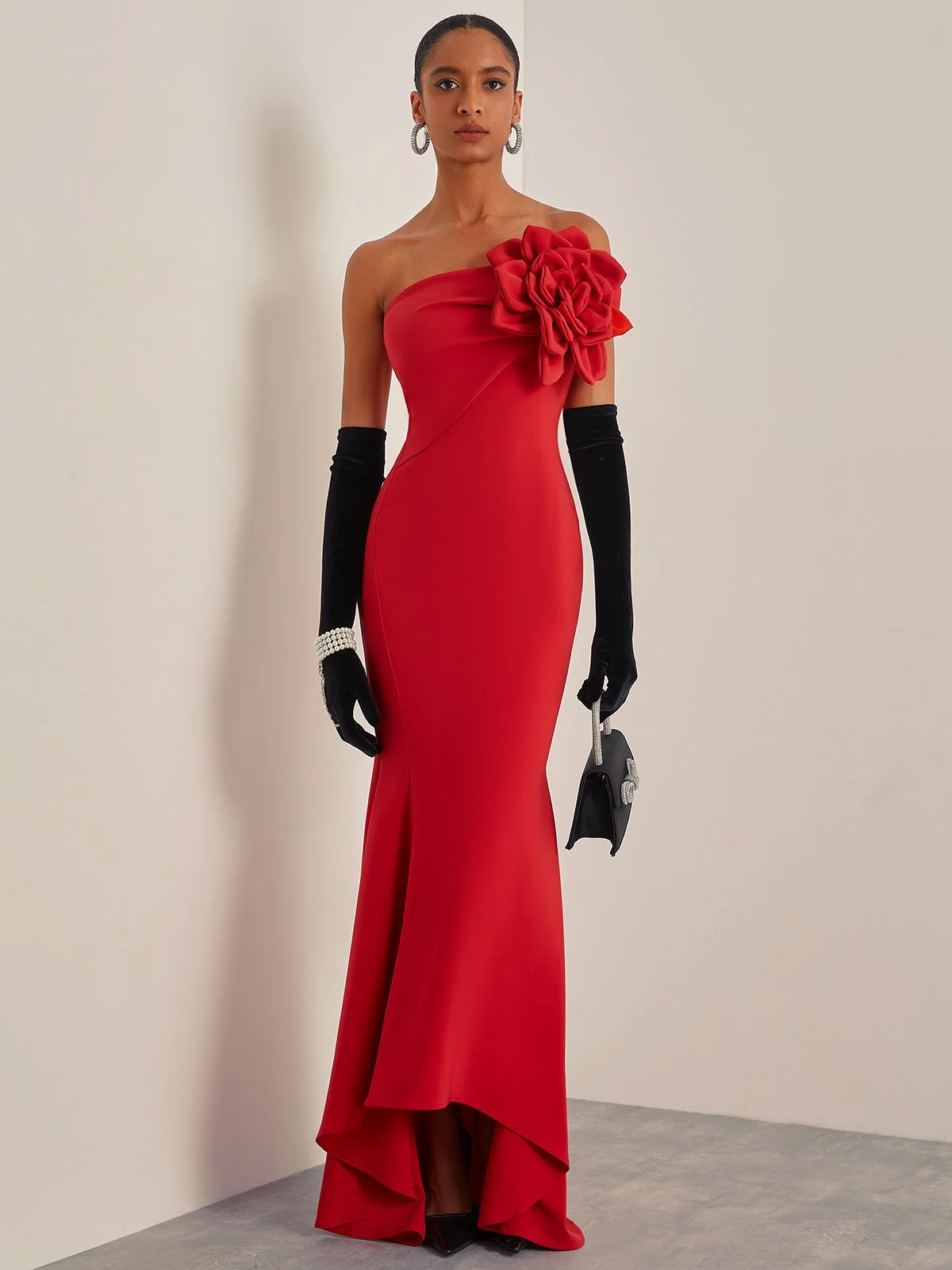 Red 3D Floral Strapless Mermaid Gown