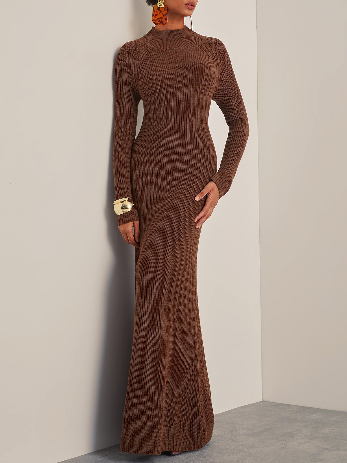 Wool Brown  Long Sleeve A-Line Maxi Sweater Dress
