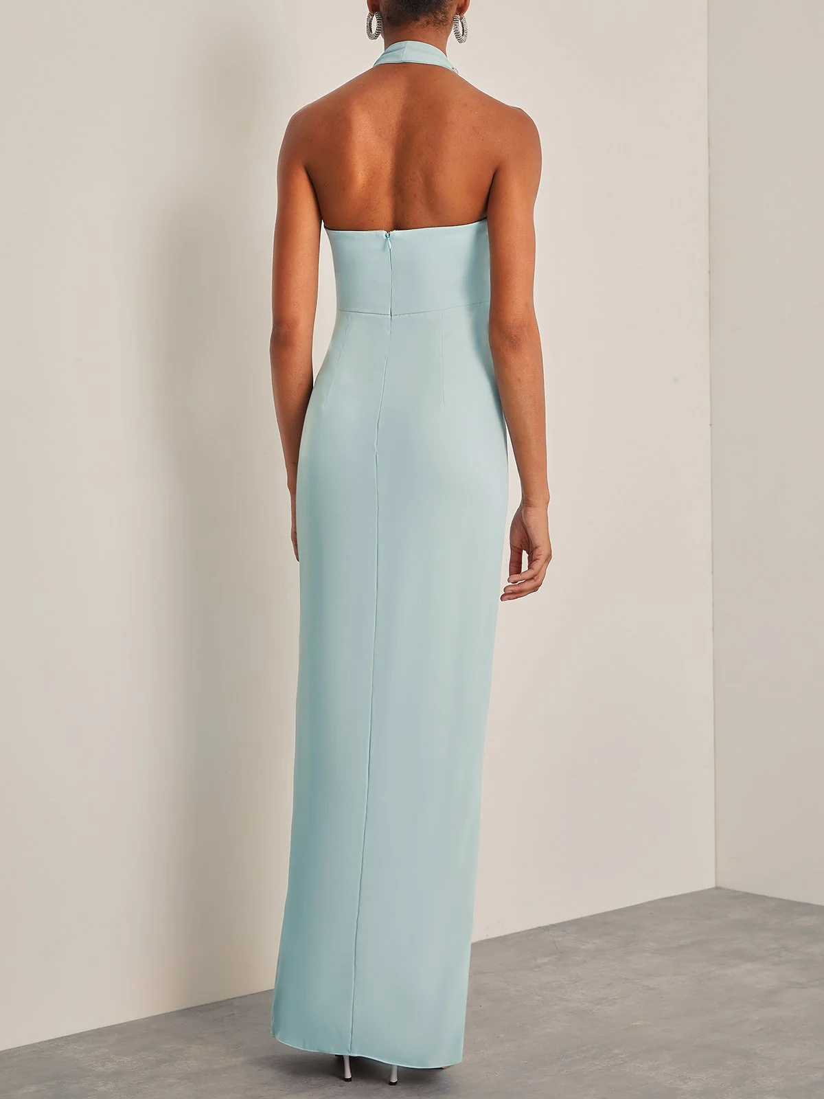 Blue Halter Rhinestones Knot Front Slit Sheath Gown Maxi Dress 