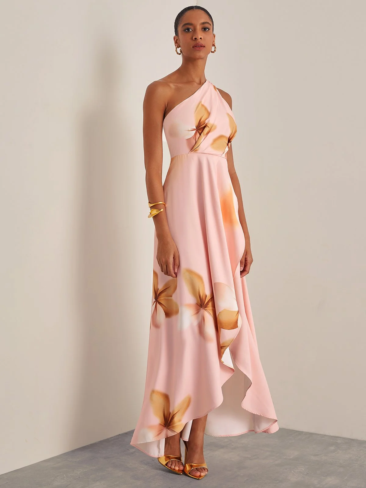 Orange Pink Floral One-Shoulder Slit A-Line Gown