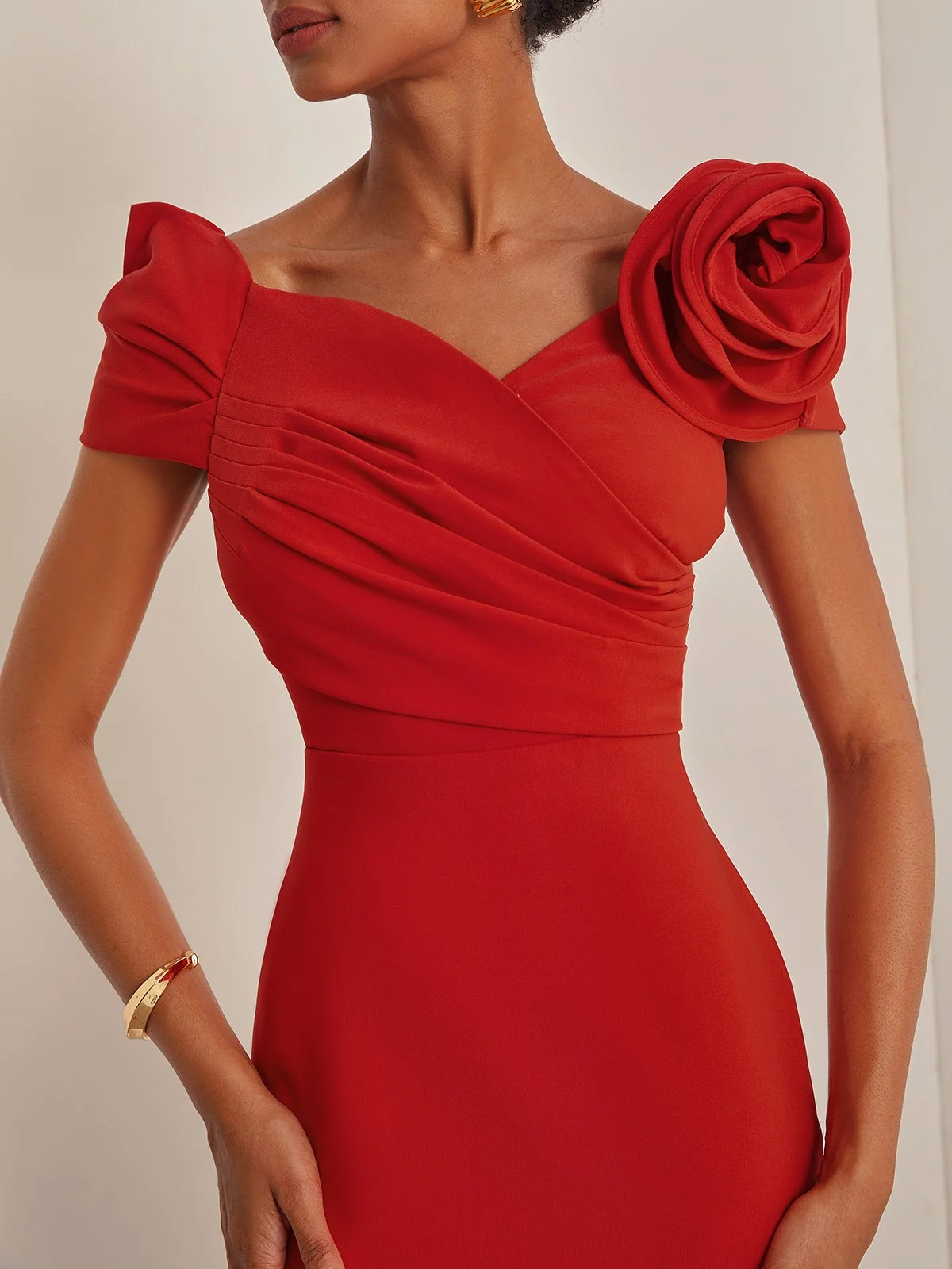 Red 3D Floral Off The Shoulder Mermaid Midi Dress