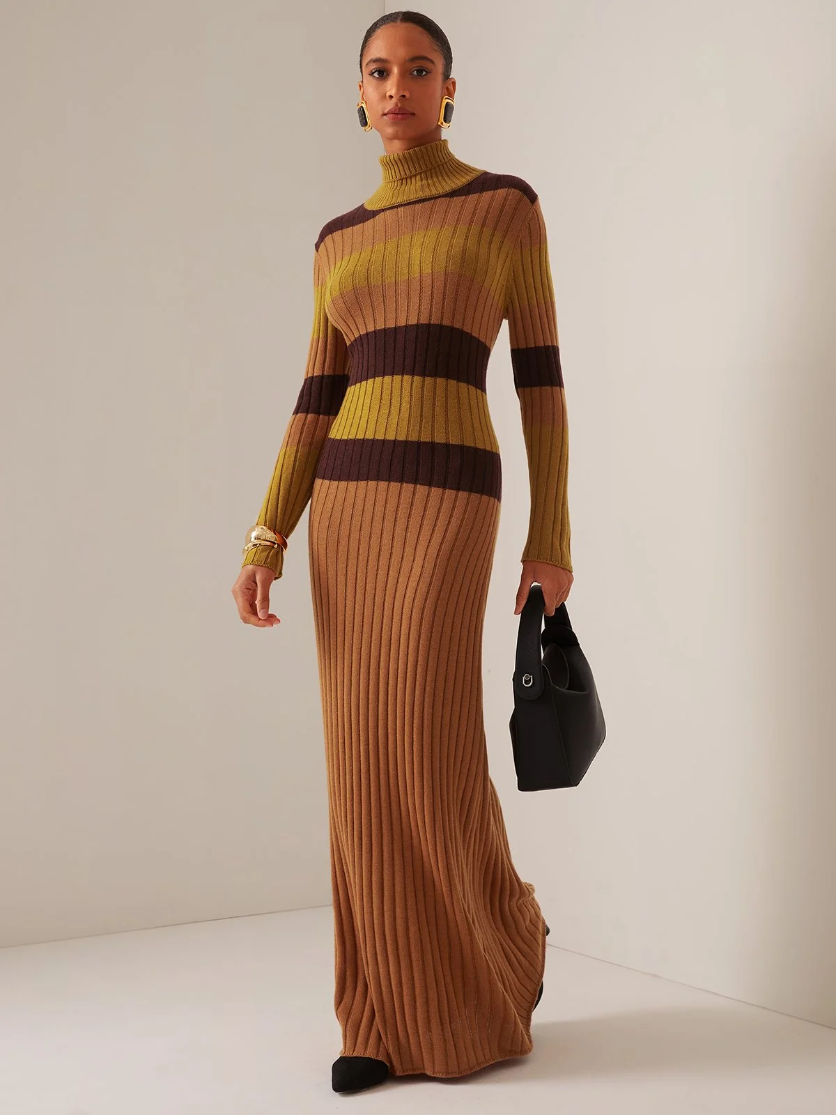 Wool Brown Color Block High neck Long Sleeve A-Line Maxi Sweater Dress