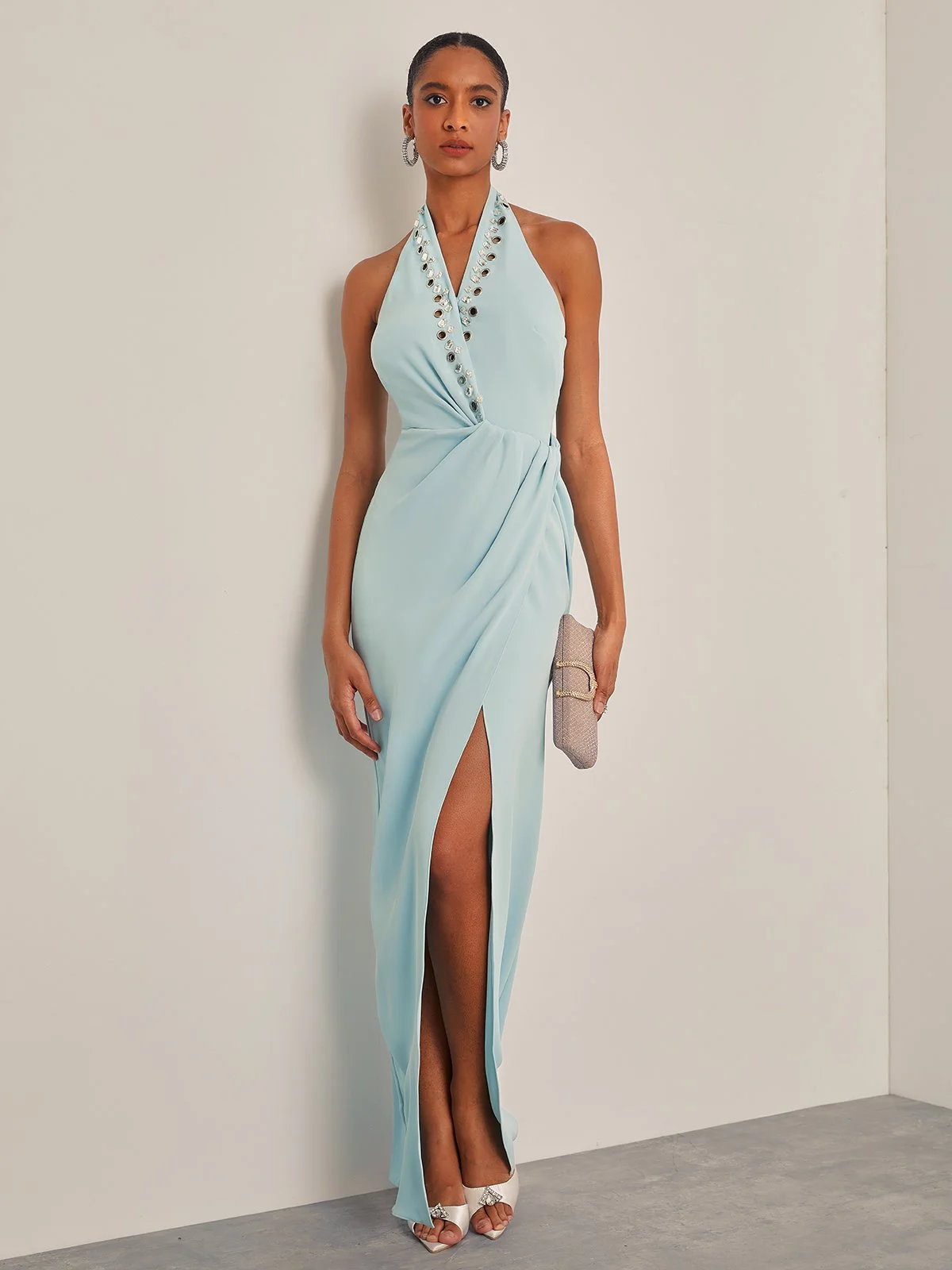 Blue Halter Rhinestones Knot Front Slit Sheath Gown Maxi Dress 