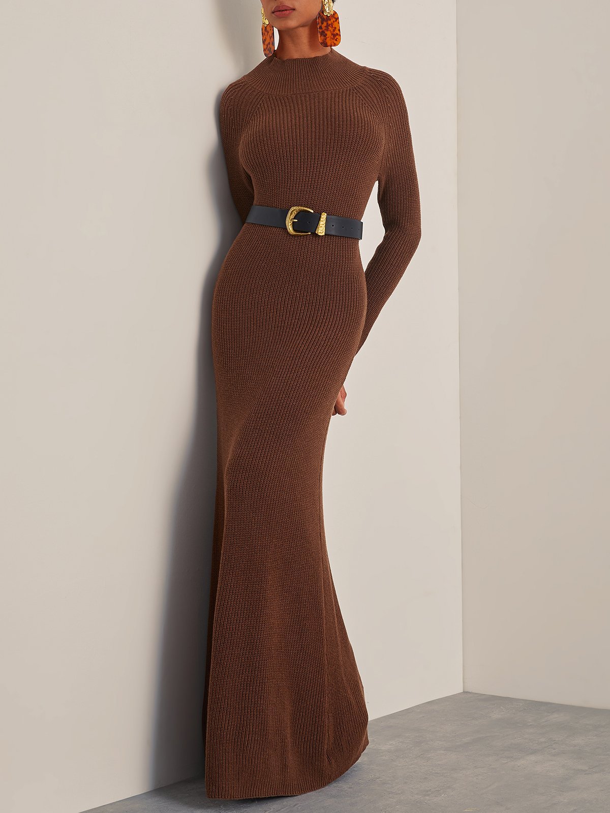 Wool Brown  Long Sleeve A-Line Maxi Sweater Dress
