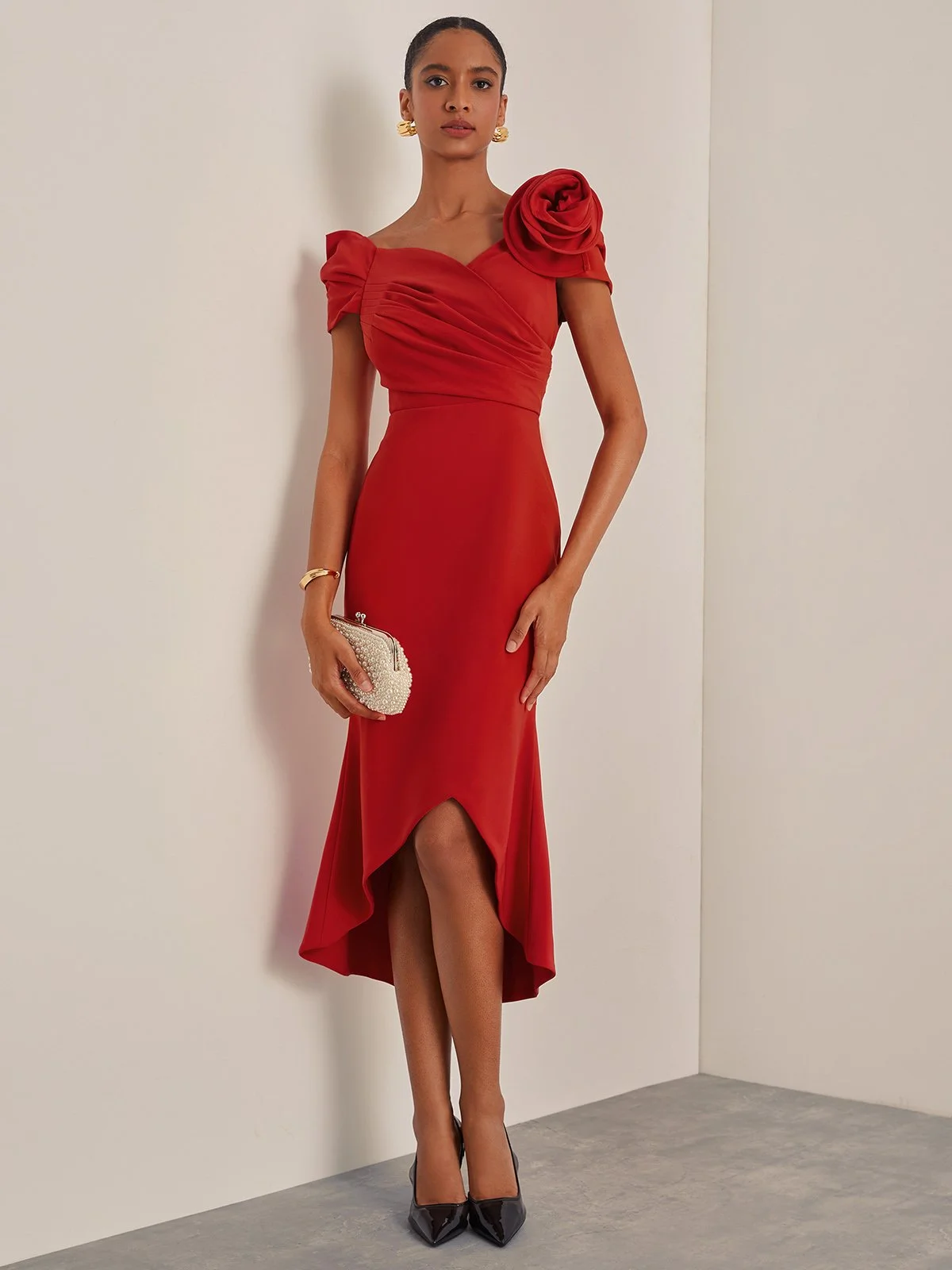 Red 3D Floral Off The Shoulder Mermaid Midi Dress