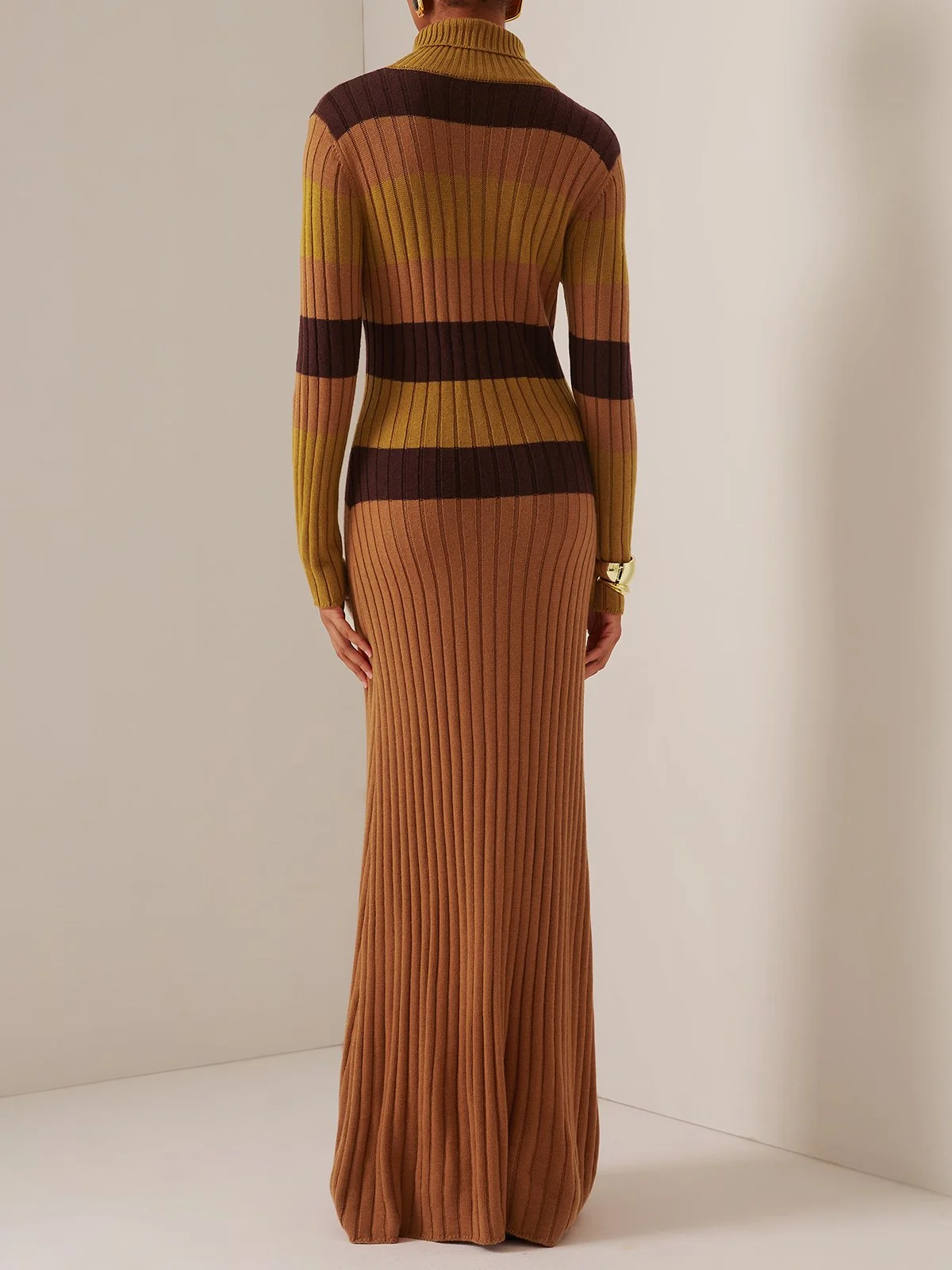Wool Brown Color Block High neck Long Sleeve A-Line Maxi Sweater Dress