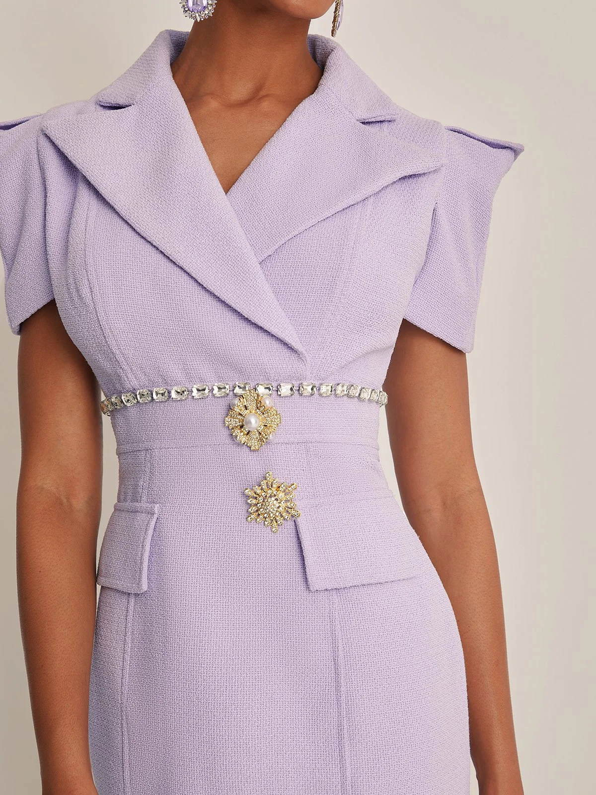 Lavender Purple Shawl Collar Short Sleeve Tweed Sheath Mini Dress