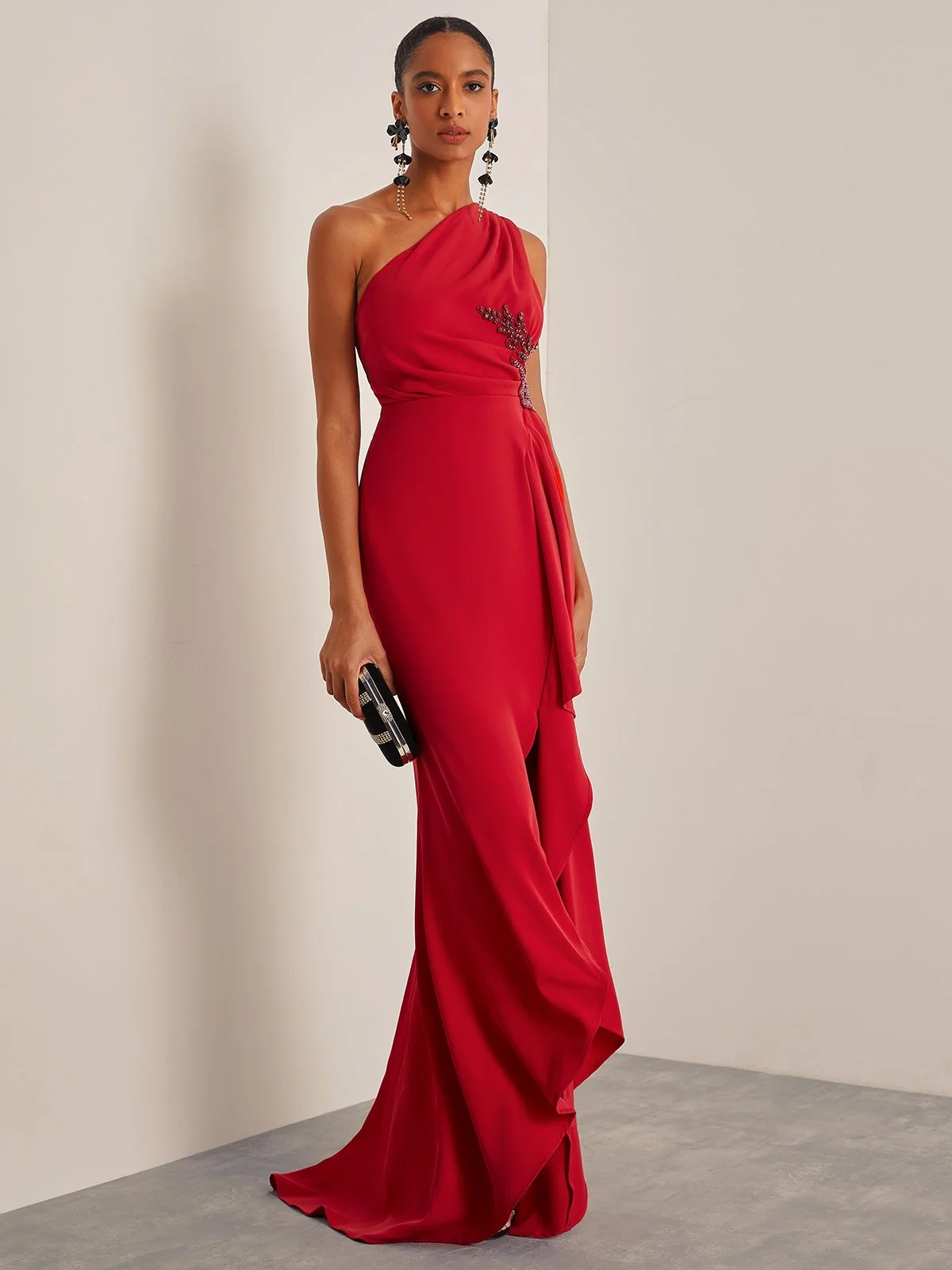 Red Beaded One Shoulder Sleeveless Slit Sheath Gown Dress