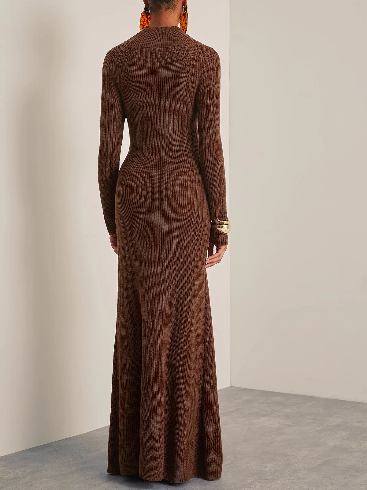 Wool Brown  Long Sleeve A-Line Maxi Sweater Dress