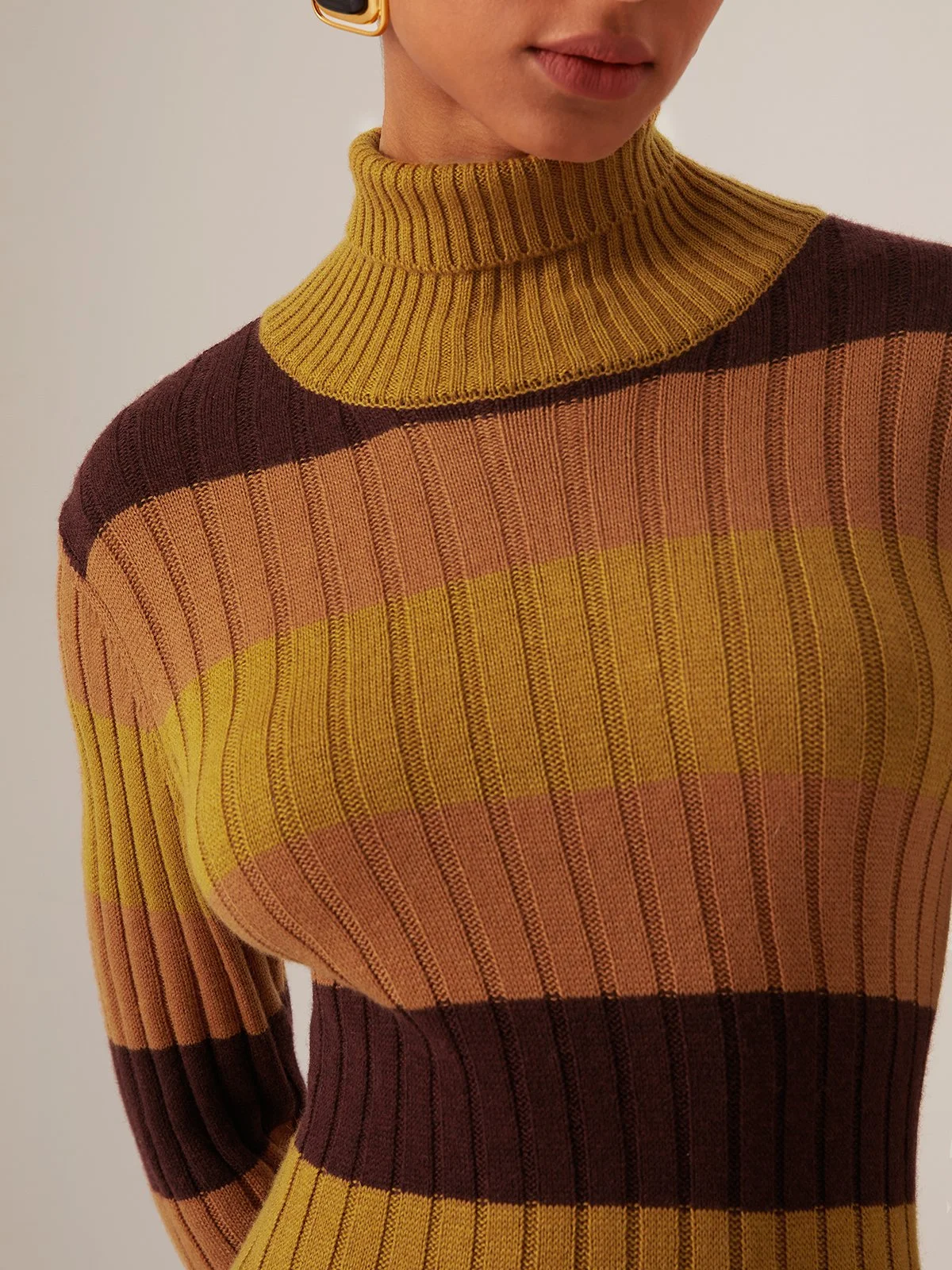 Wool Brown Color Block High neck Long Sleeve A-Line Maxi Sweater Dress