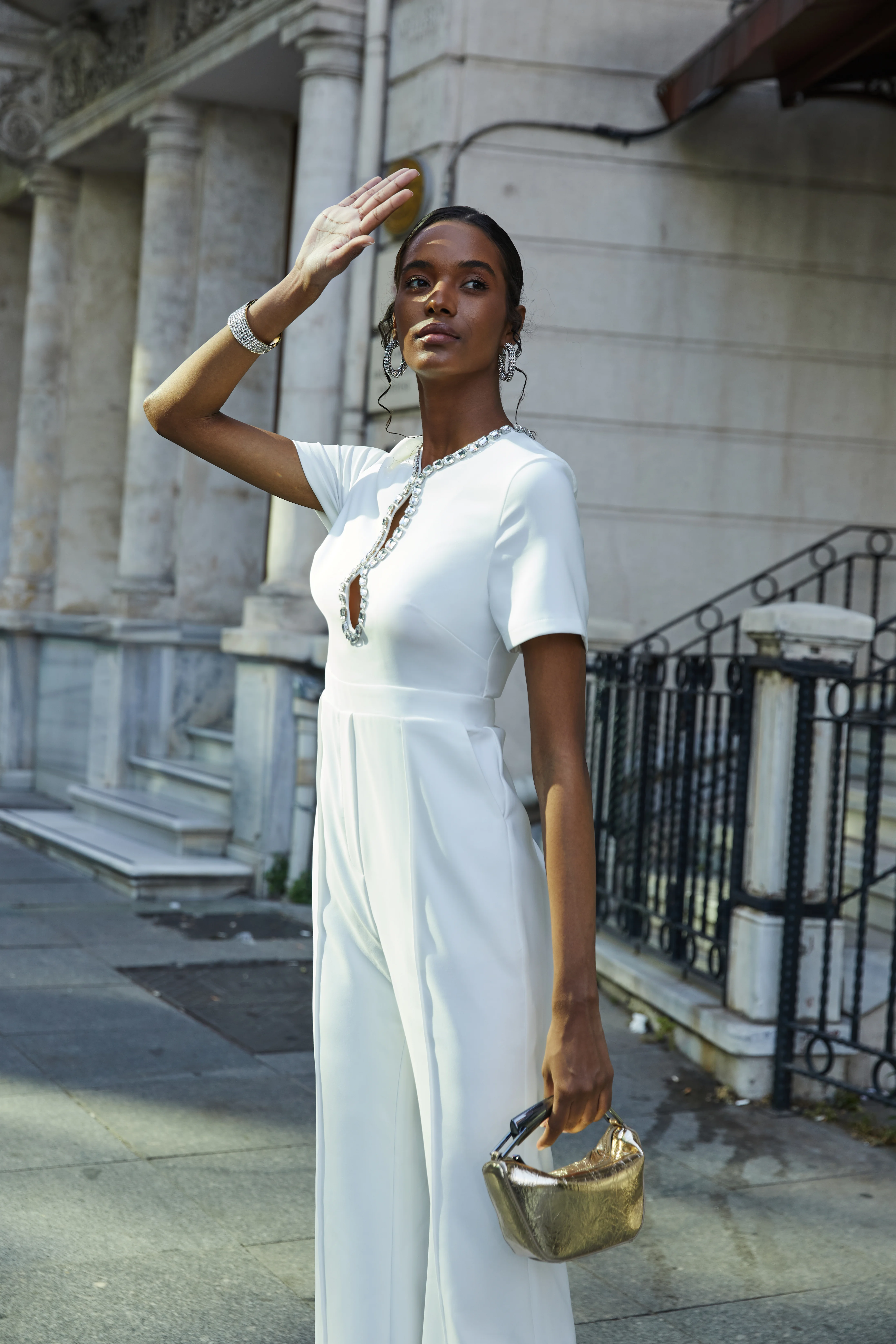 Women White Cut Out Short Sleeve Rheinstone Wide-Leg Jumpsuit 