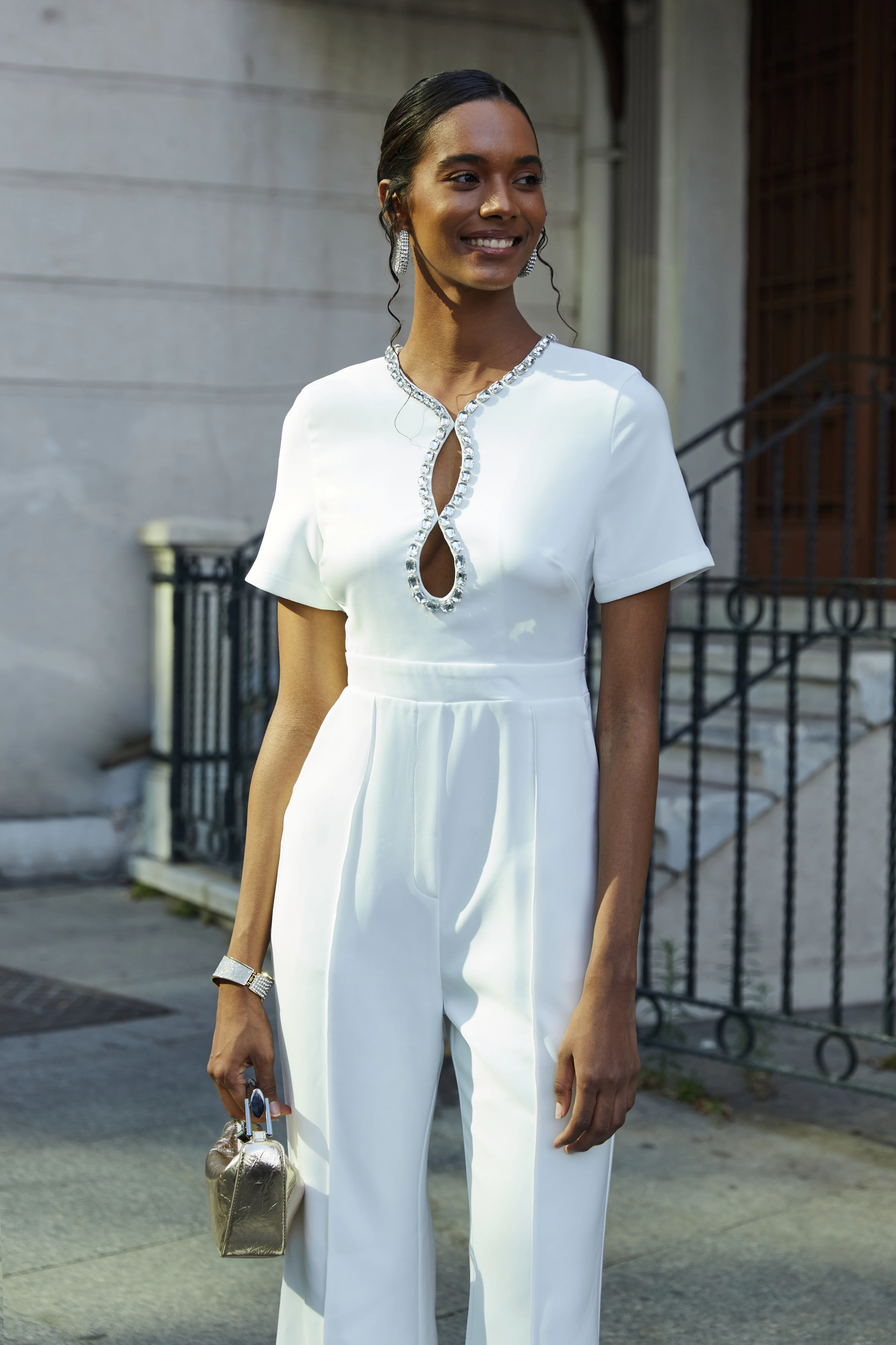 Women White Cut Out Short Sleeve Rheinstone Wide-Leg Jumpsuit 