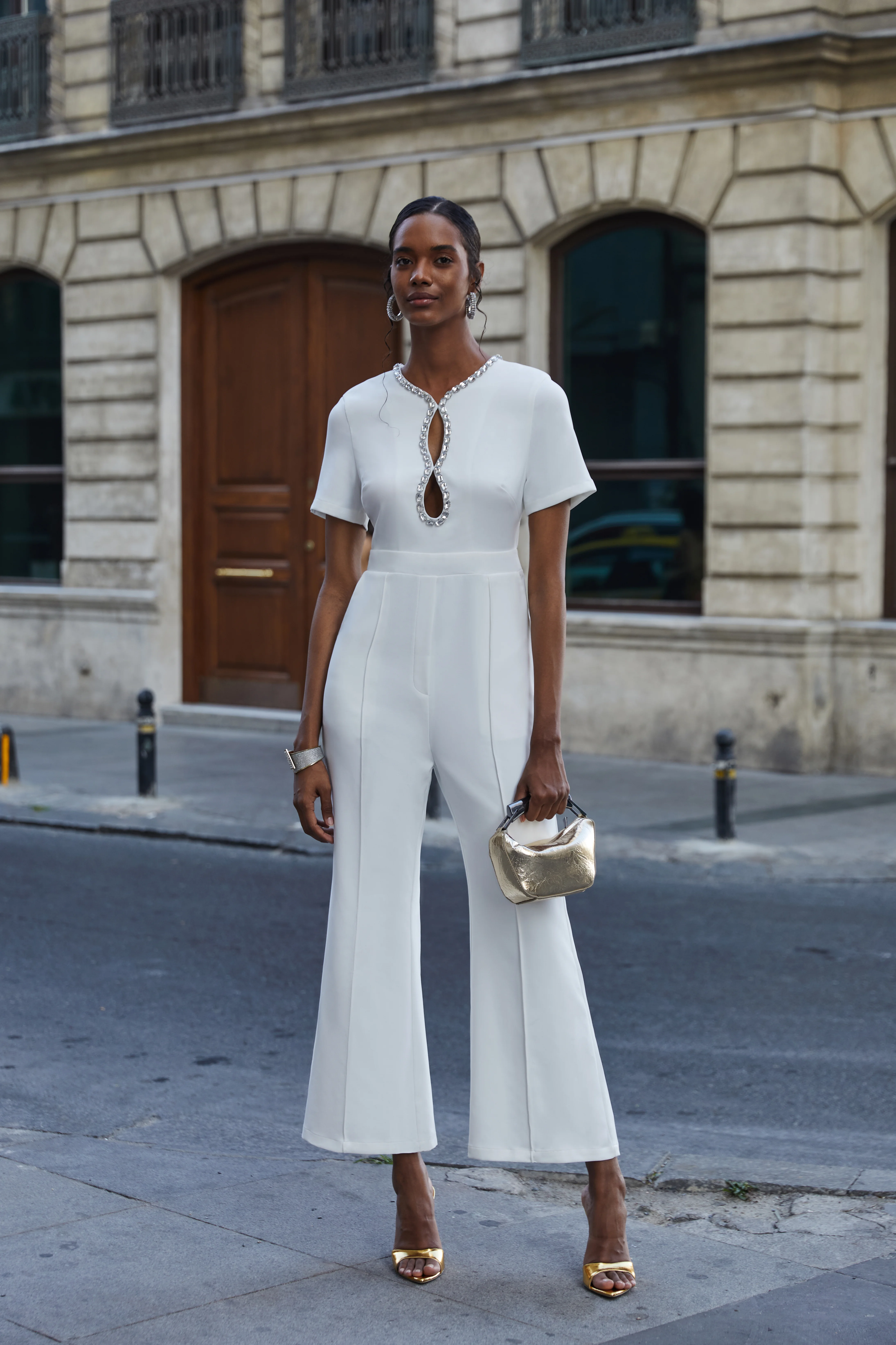 Women White Cut Out Short Sleeve Rheinstone Wide-Leg Jumpsuit 